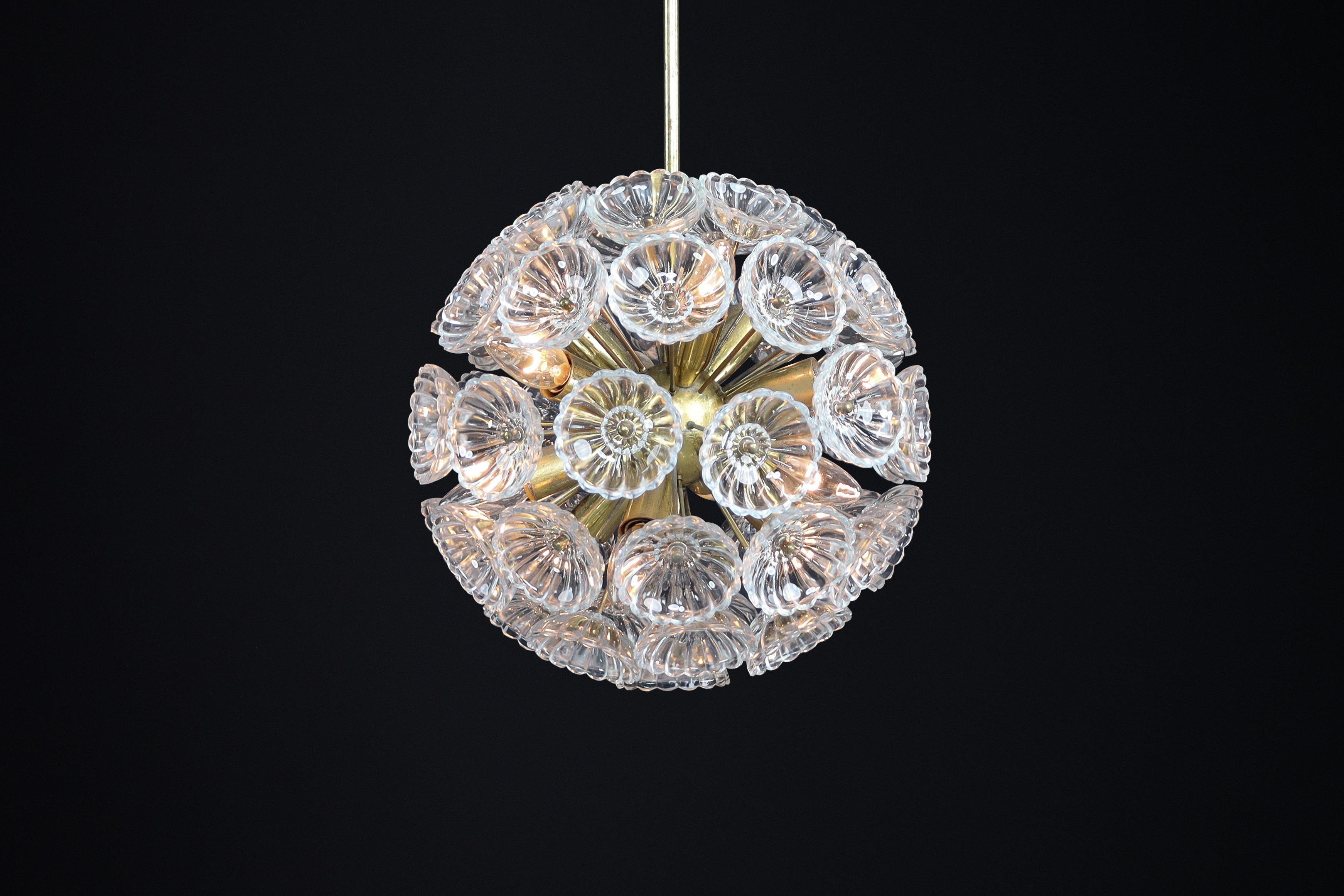 Mid-Century Modern Floral Glass and Brass Chandelier, Germany, 1960s For Sale 4
