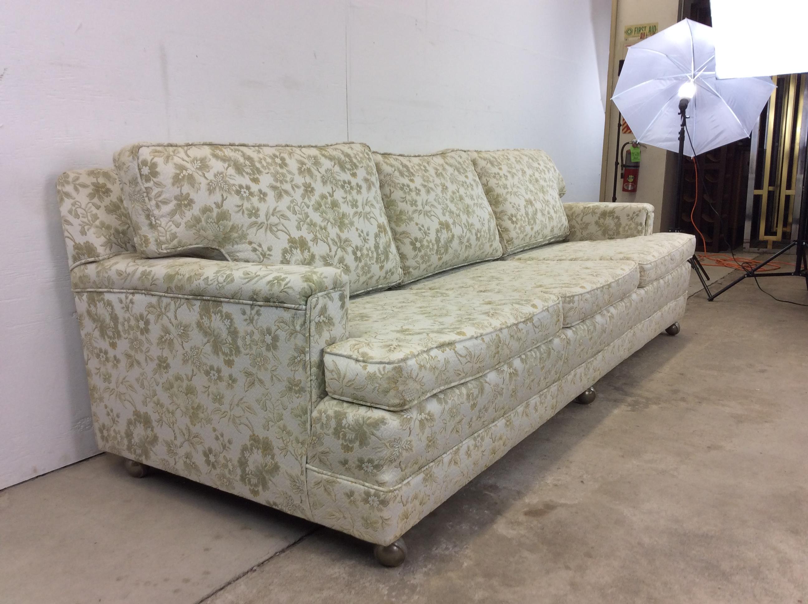 Upholstery Mid Century Modern Floral Patterned 3 Seater Sofa on Wheels For Sale