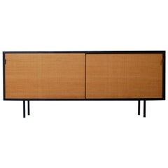 Mid-Century Modern Florence Knoll Black Lacquer Credenza with Grasscloth