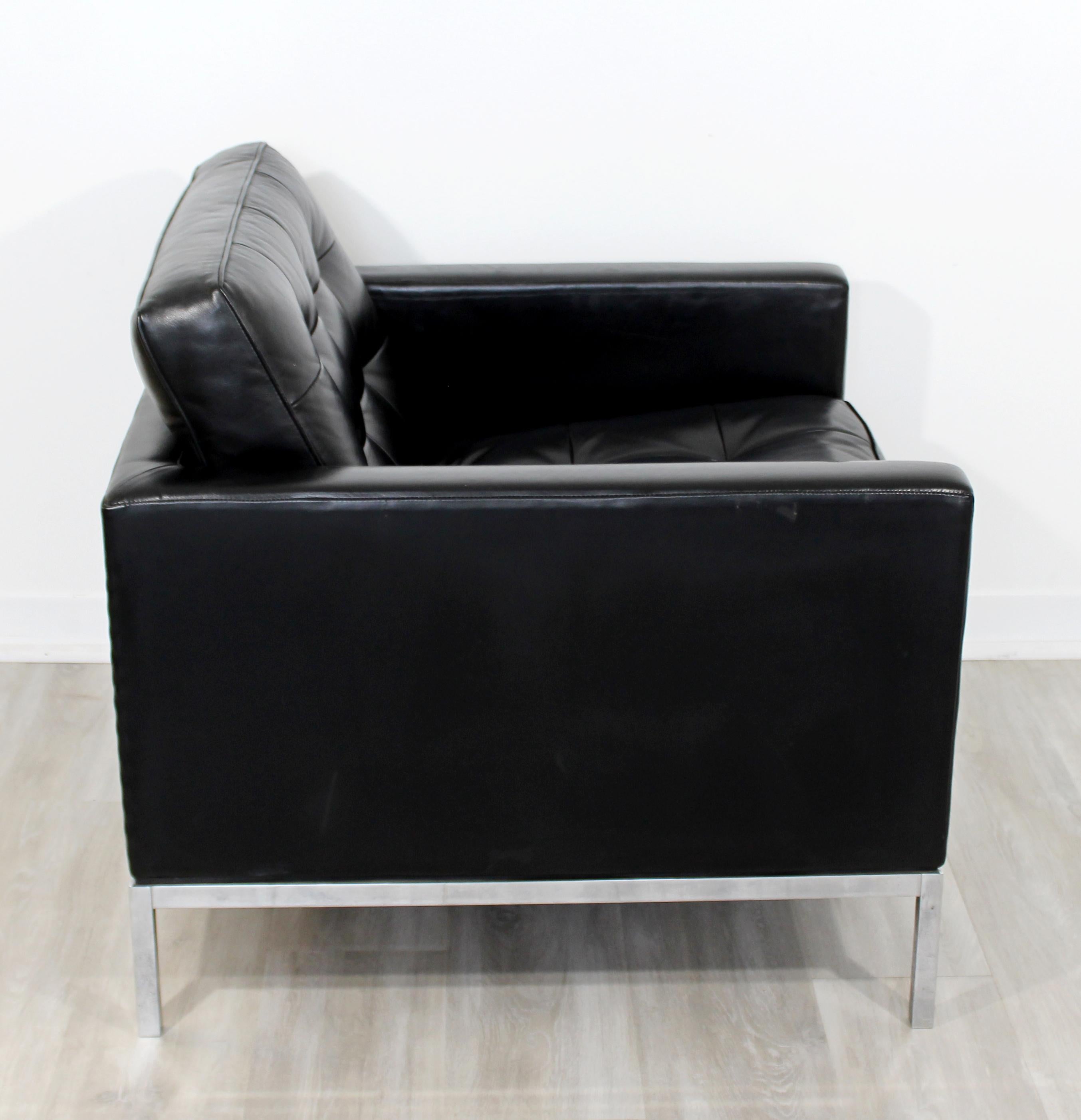 Mid-Century Modern Florence Knoll Chrome Cube Armchair Black Tufted Leather 5