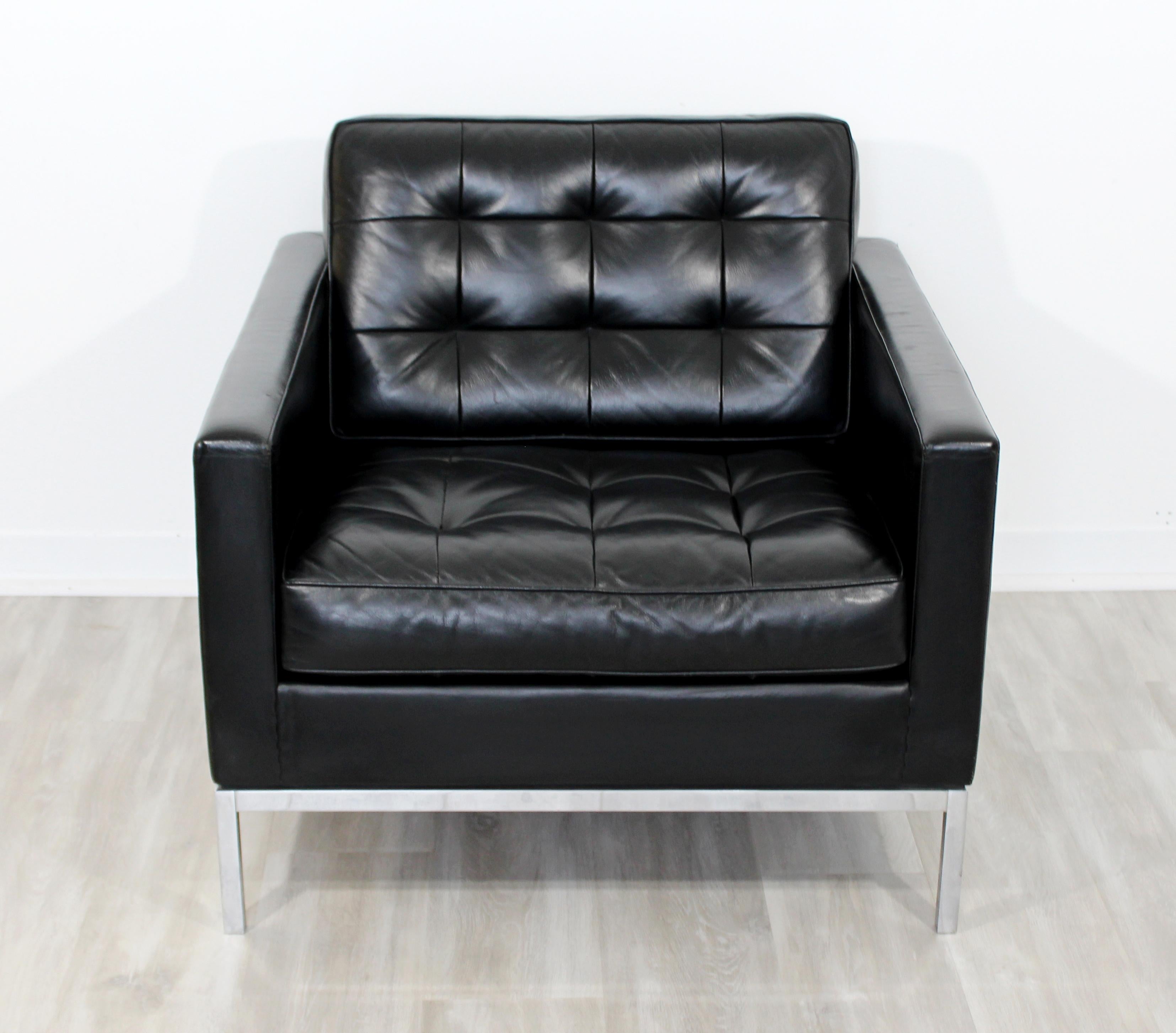 American Mid-Century Modern Florence Knoll Chrome Cube Armchair Black Tufted Leather