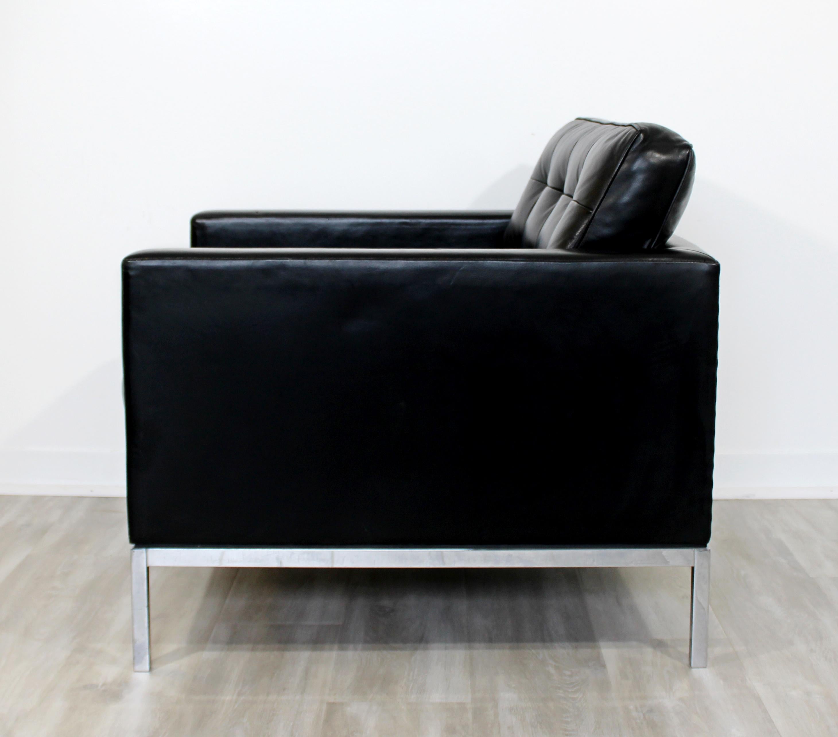 Mid-Century Modern Florence Knoll Chrome Cube Armchair Black Tufted Leather 1