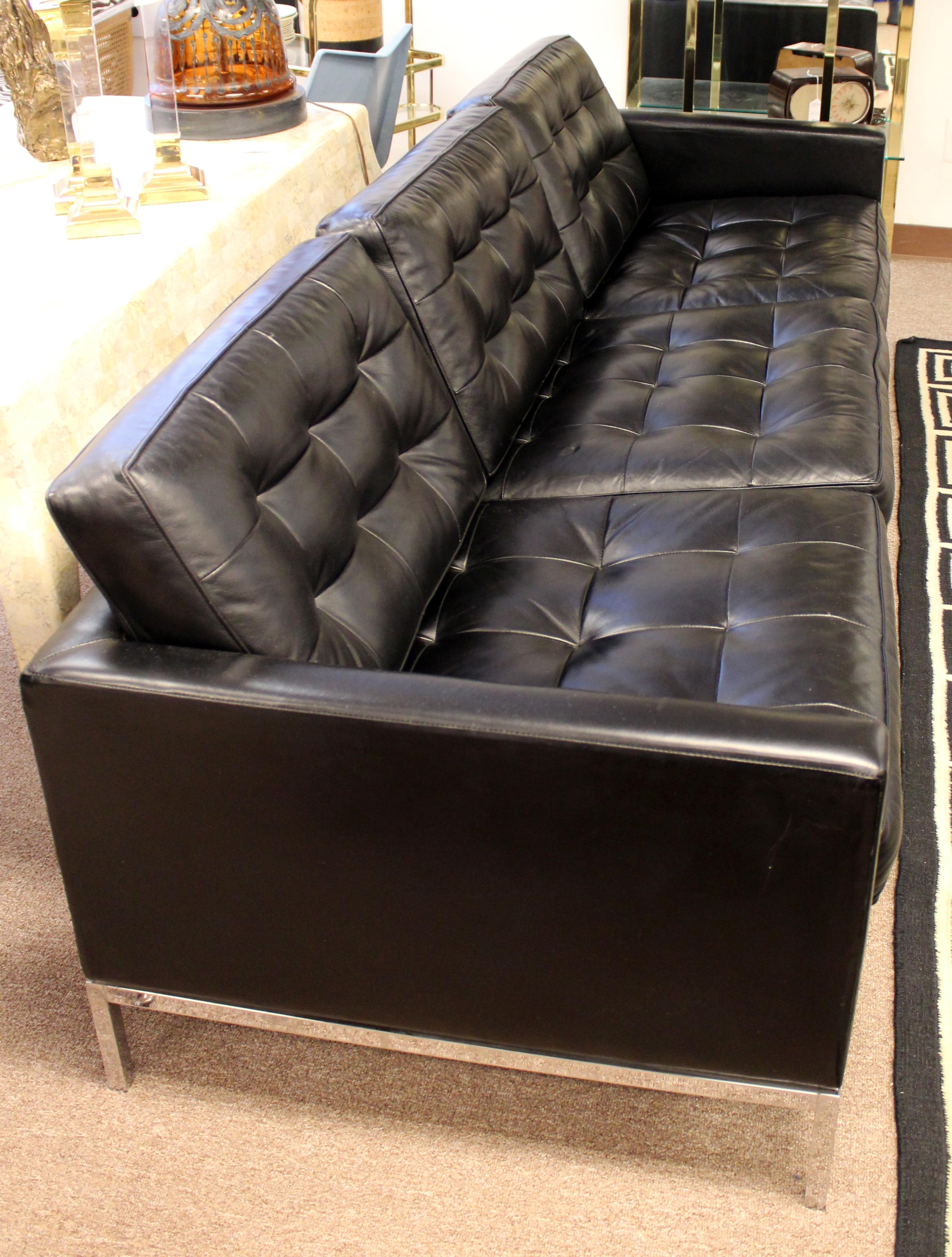 Mid-20th Century Mid-Century Modern Florence Knoll Chrome Sofa Black Tufted Leather, 1960s