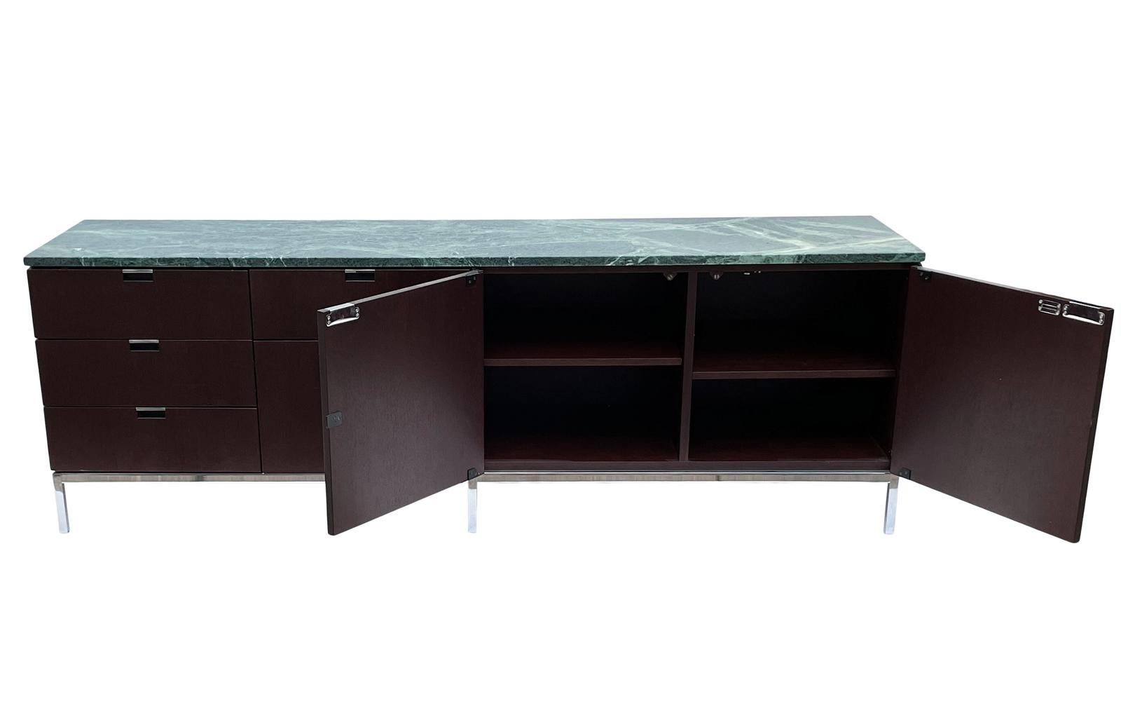 Stainless Steel Mid-Century Modern Florence Knoll Green Verde Marble Top Credenza or Cabinet For Sale