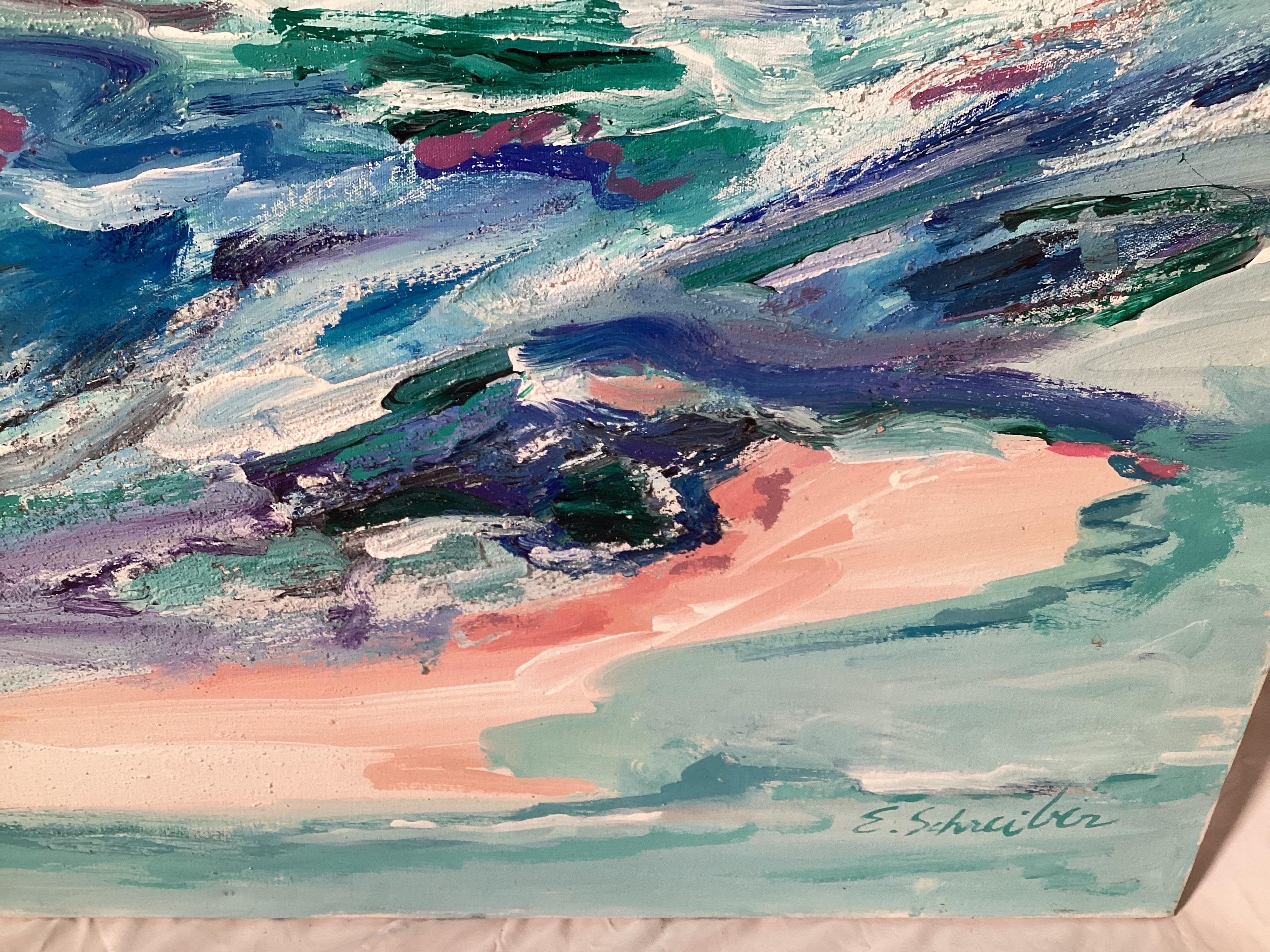 Beautiful Mid Century Modern Abstract Painting Acrylic on Canvas
Florida Seascape
By Schreiber
Unframed
Each (2 pieces) signed at lower right 
Titled 