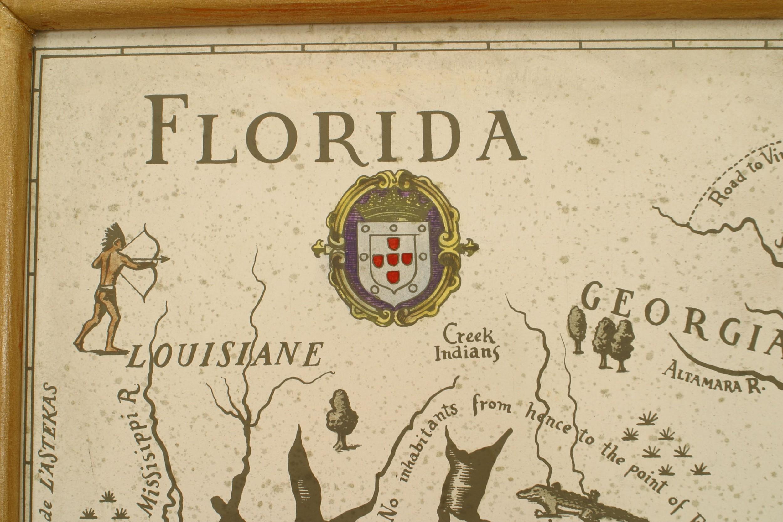 Stampa cartografica di metà secolo moderno (italiano) che raffigura le aree della Costa del Golfo della Florida del XIX secolo con stemmi e medaglioni in cornici dorate. (Pezzo complementare: GRS118A)

Condit: Buono; Usura coerente con l'età e