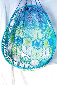 Groovy Mod Woven Fiber Cord Hanging Egg Chair in Blue Green White