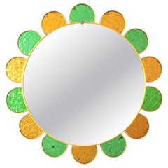 Mid-Century Modern Flower Shaped Mirror with Green and Gilded Glass Frame, 1960s