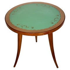 Vintage Mid Century Modern Flowers Walnut Green Glass Coffee Table Gio Ponti 1940s Italy