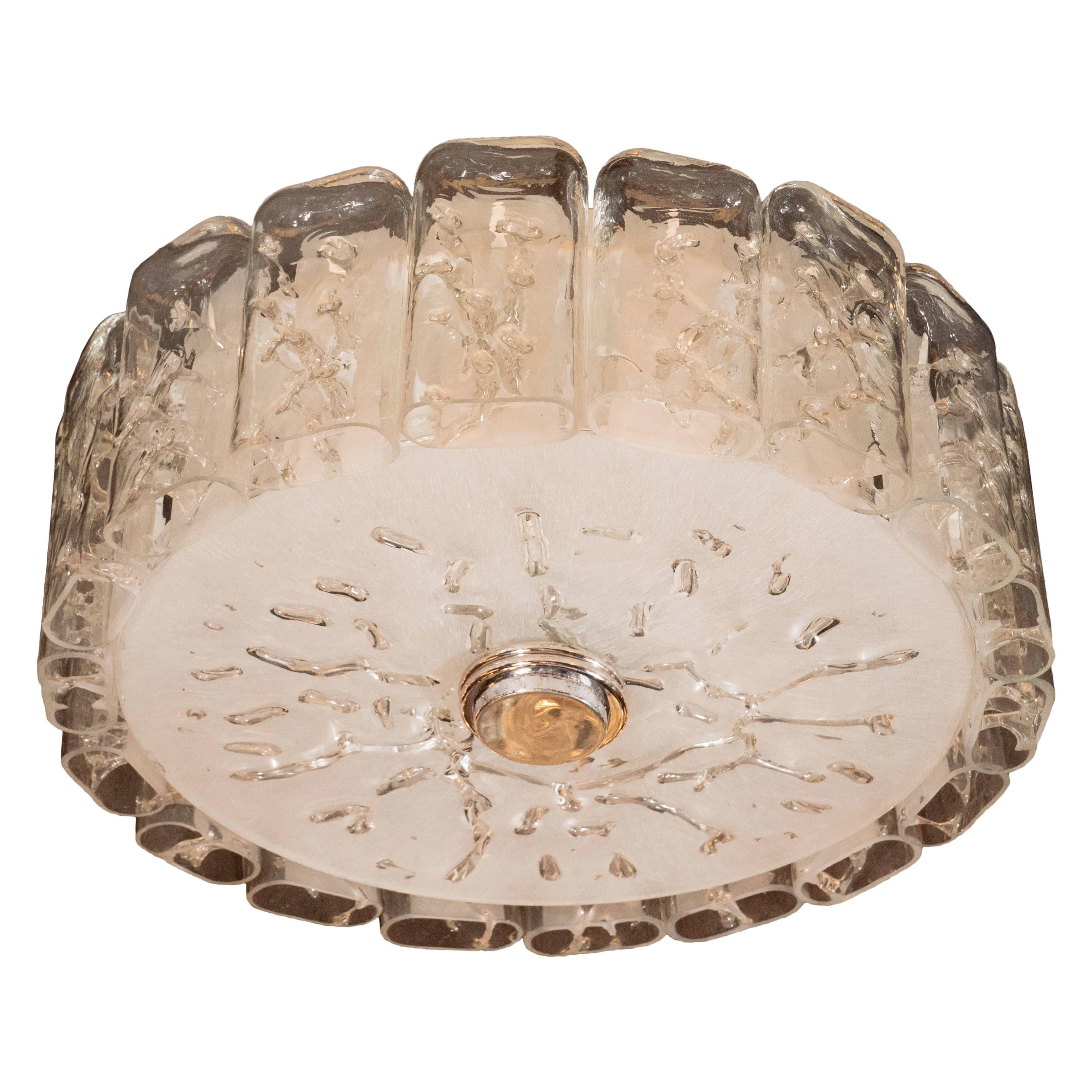 Mid-Century Modern Flush Mount Chandelier in Frosted and Textured Glass by Doria In Excellent Condition For Sale In New York, NY