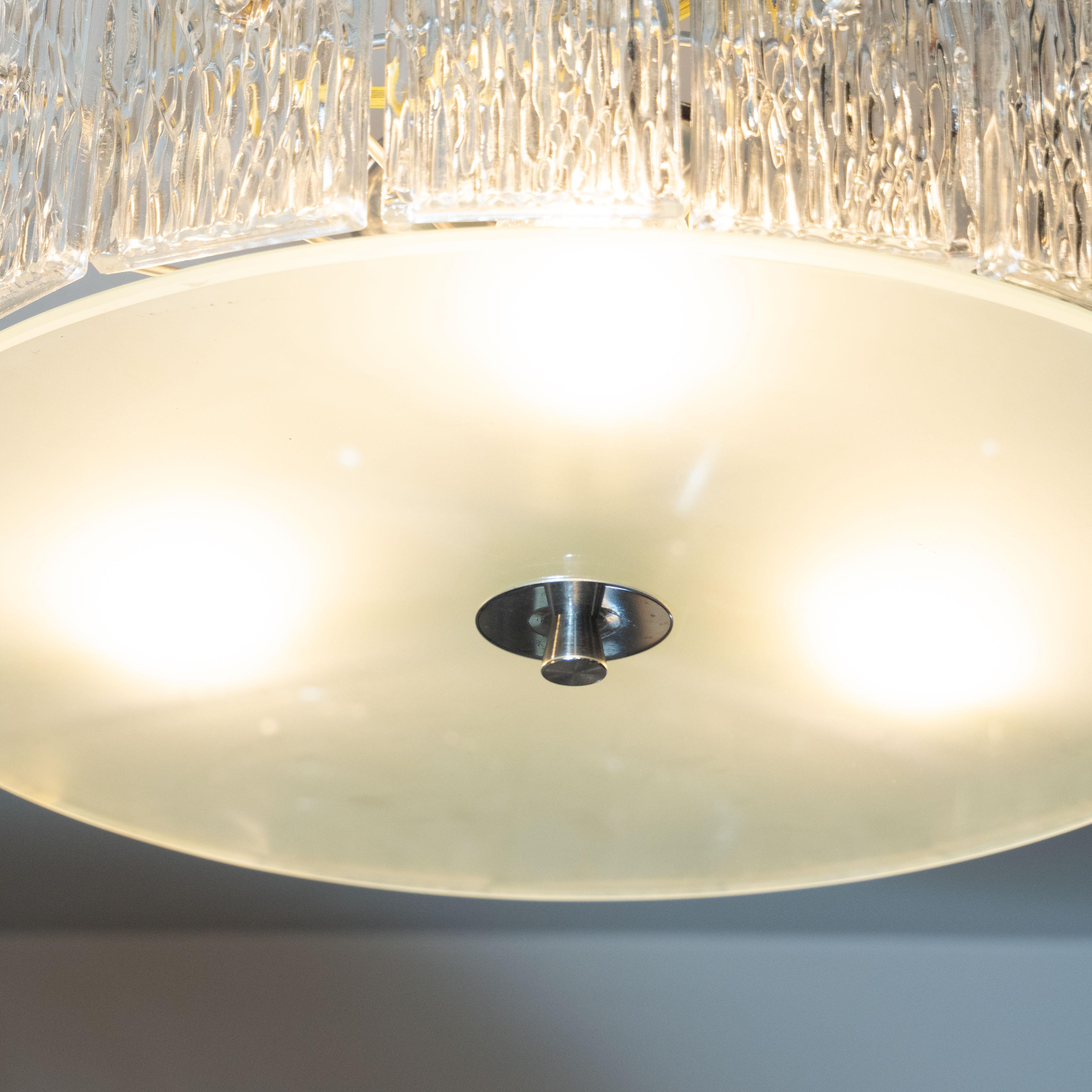 Mid-Century Modern Flush Mount Frosted Glass and Nickel Chandelier by Kinkeldey In Excellent Condition In New York, NY