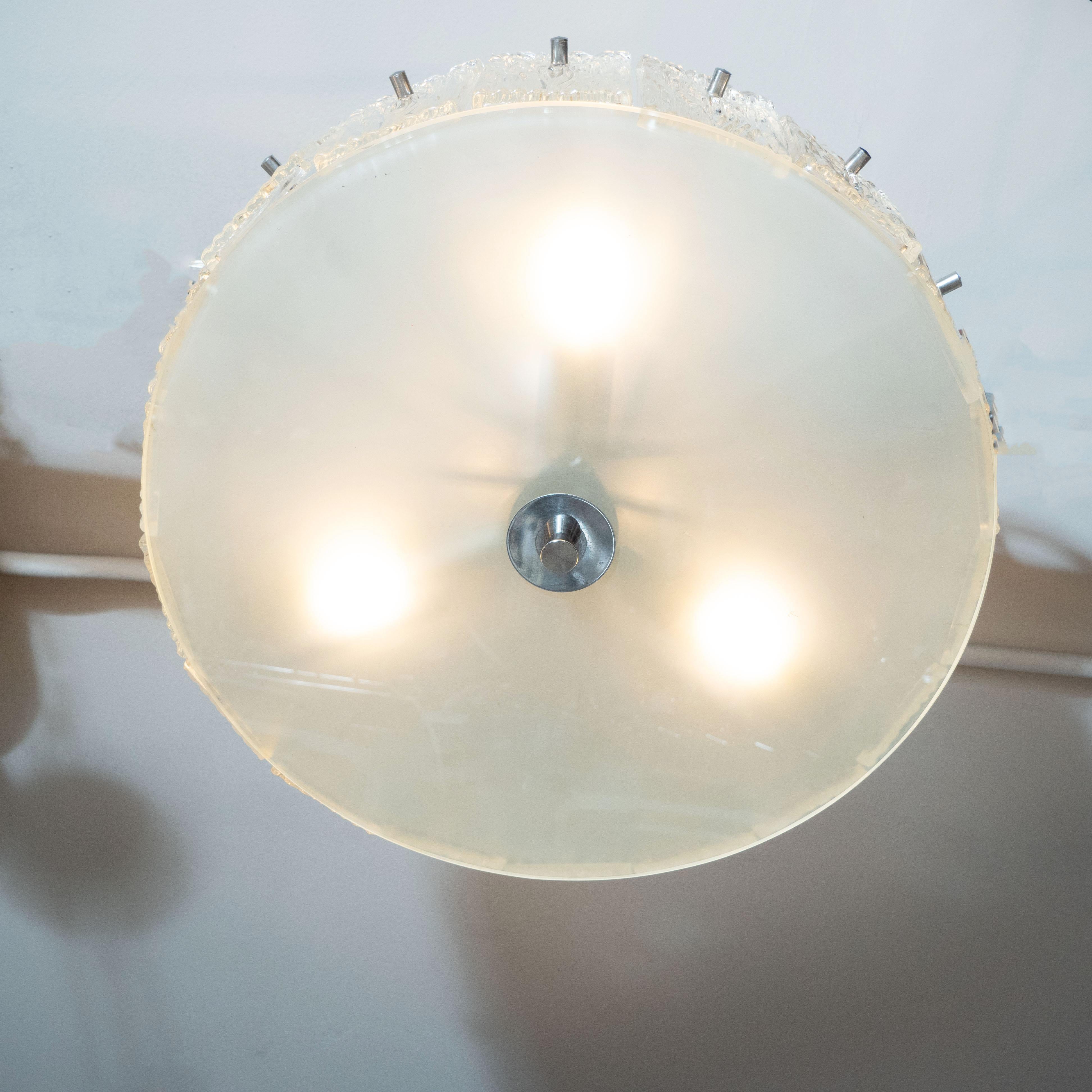 Mid-20th Century Mid-Century Modern Flush Mount Frosted Glass and Nickel Chandelier by Kinkeldey