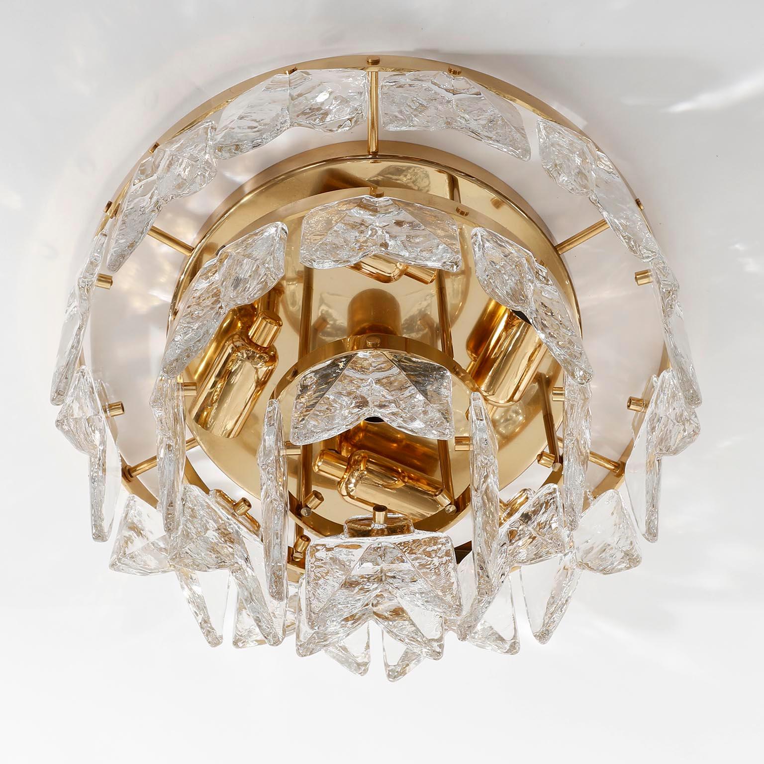 Late 20th Century Mid-Century Modern Flush Mount Light Kalmar 'Corina', Gilt Brass Glass, 1970s For Sale