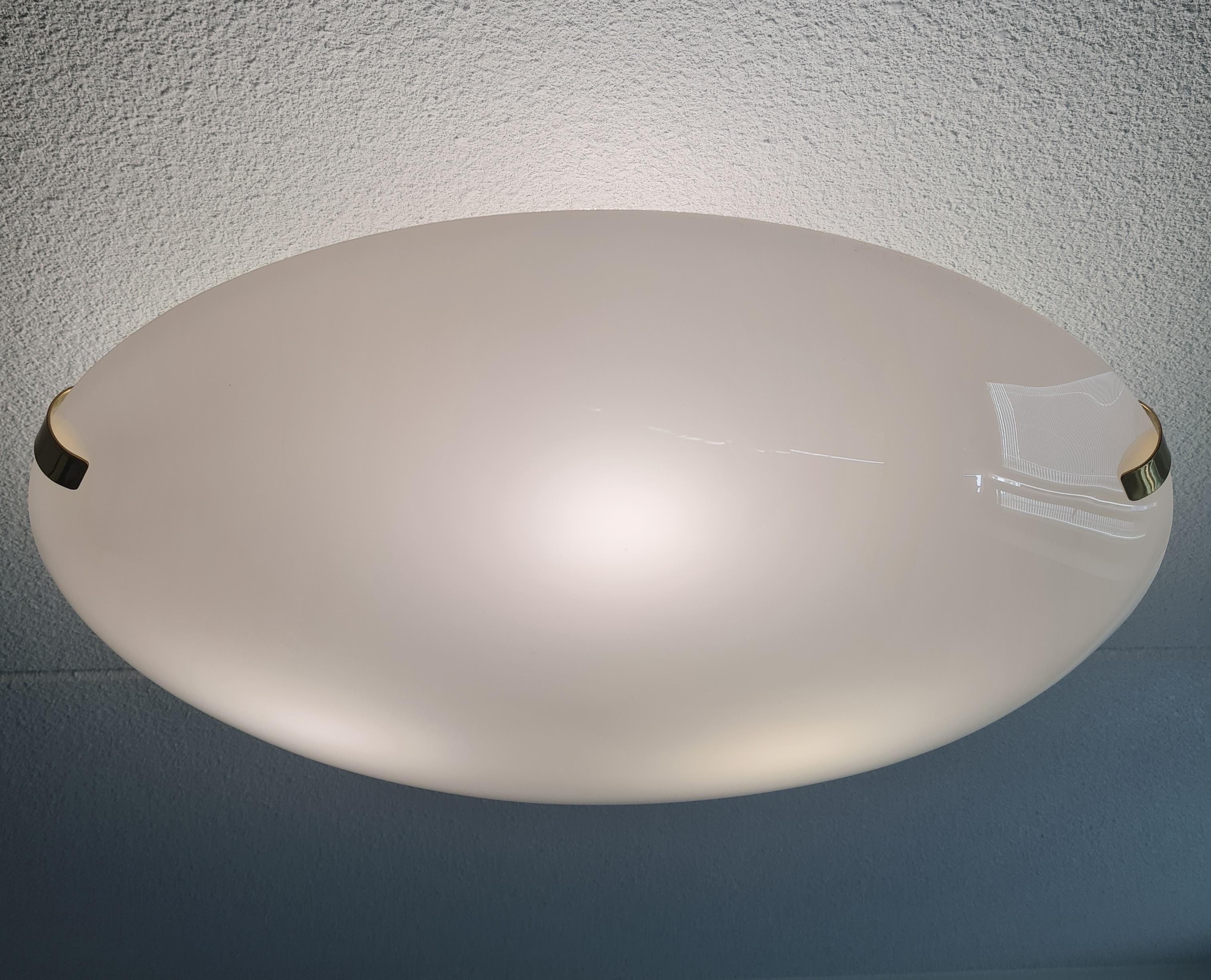 Finnish Mid-Century Modern Flush Mount Model 27103, Brass & Opaline Glass, Valinte 1960s For Sale