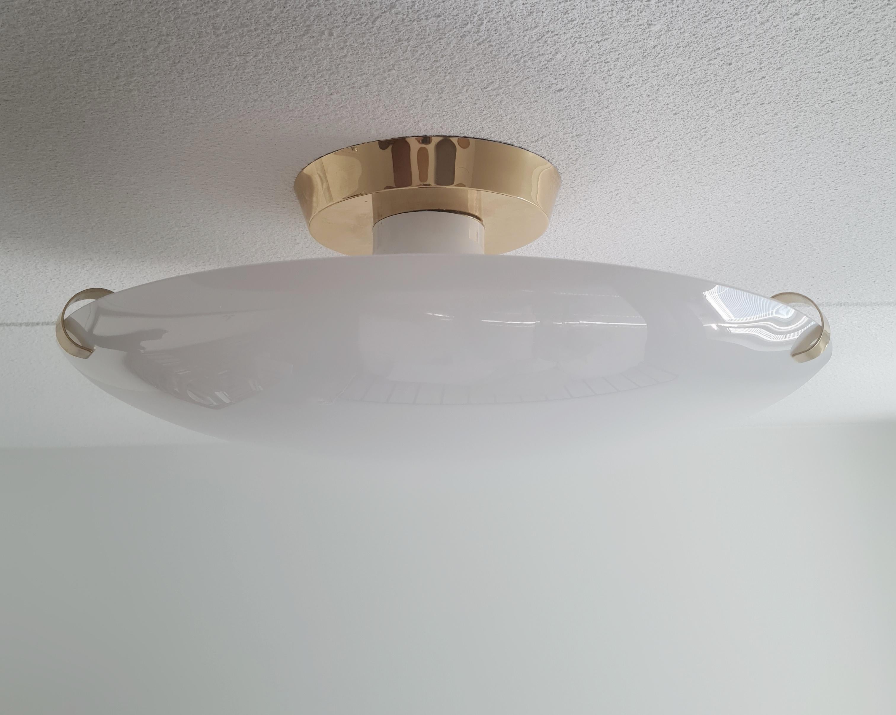 Mid-Century Modern Flush Mount Model 27103, Brass & Opaline Glass, Valinte 1960s In Good Condition For Sale In Helsinki, FI