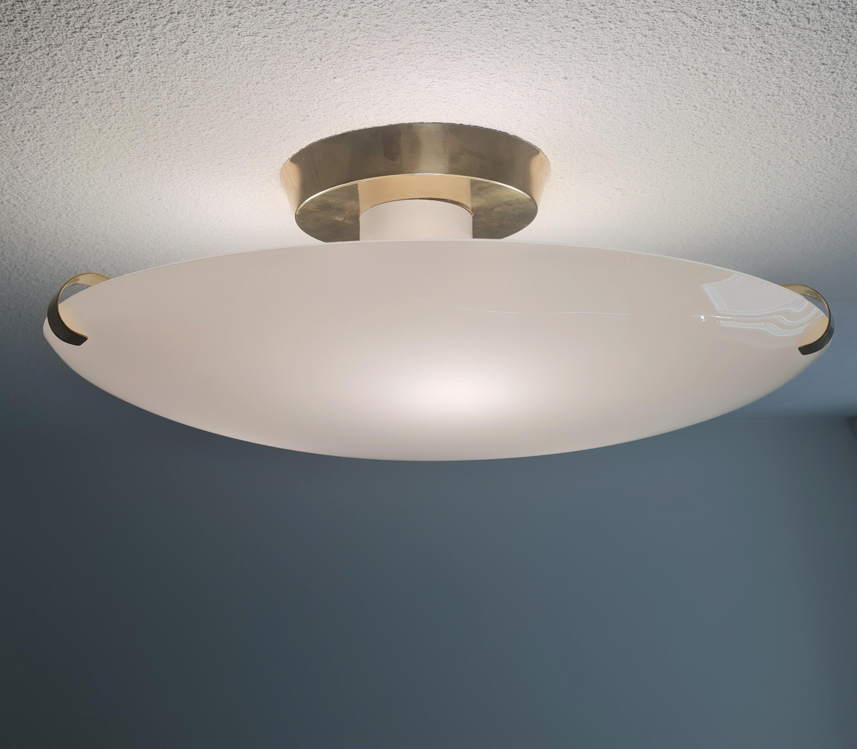 Mid-20th Century Mid-Century Modern Flush Mount Model 27103, Brass & Opaline Glass, Valinte 1960s For Sale