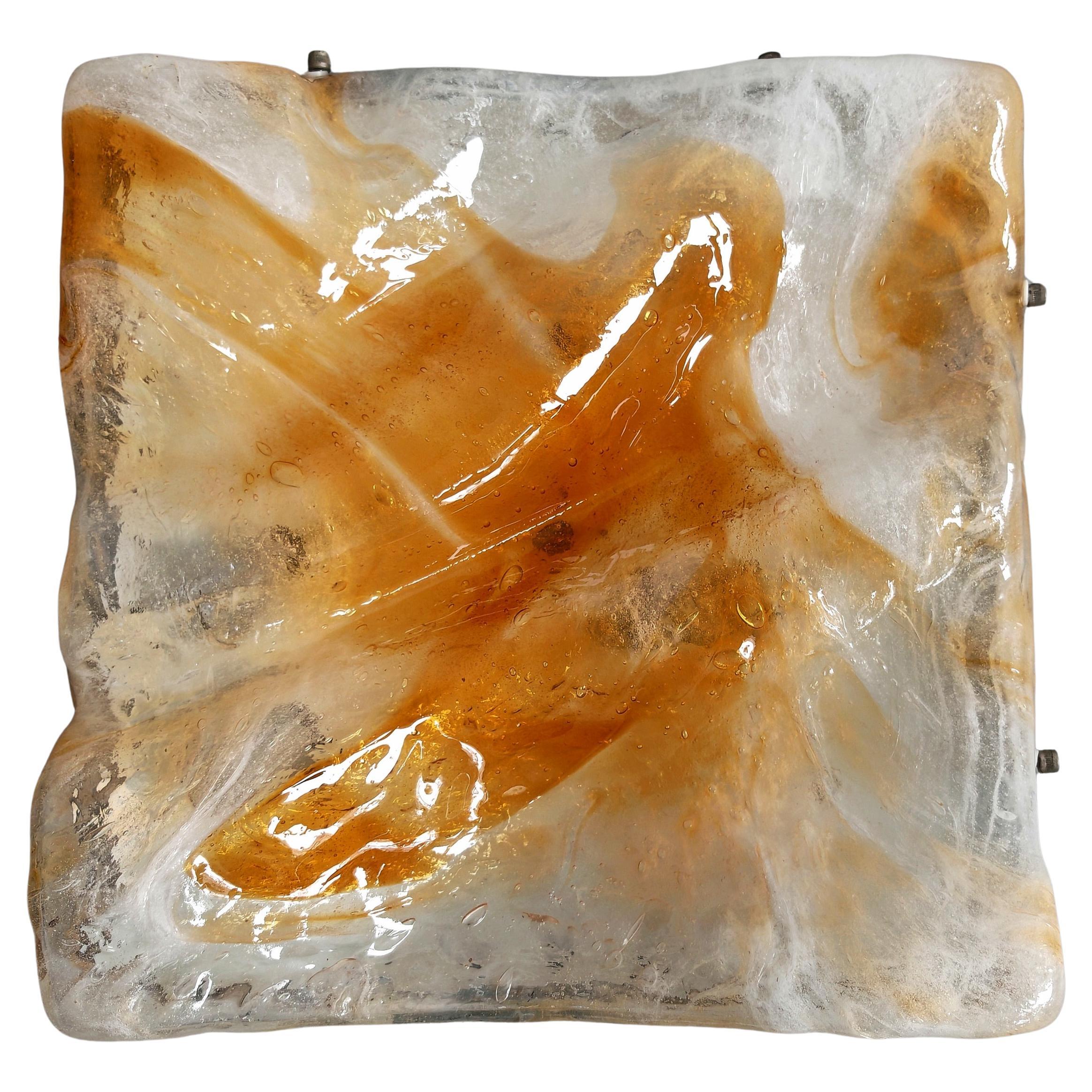 Mid Century Modern Flush Mount "Wave" in amber glass by Mazzega, Italy 1970s For Sale