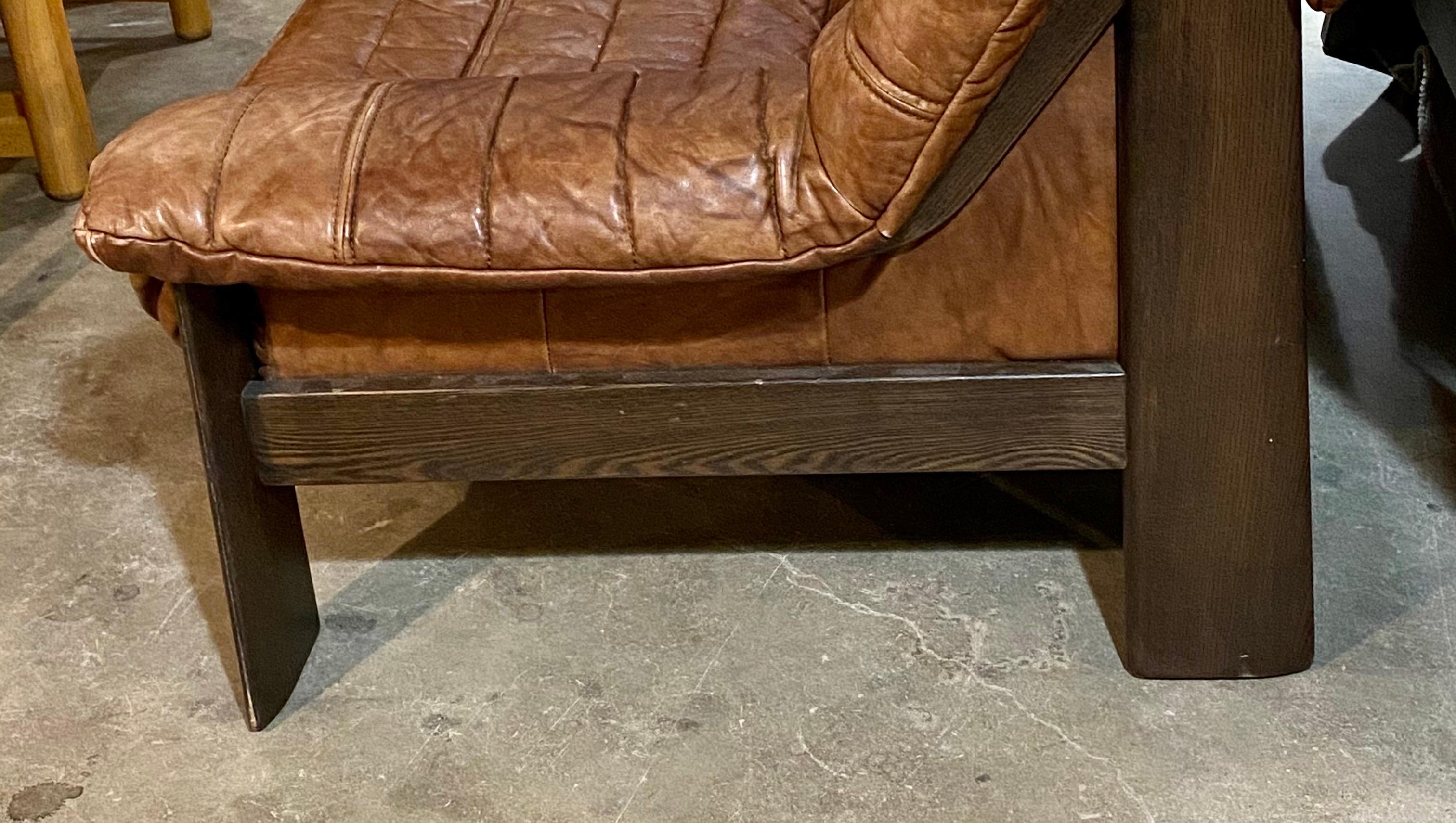 Oak Mid-Century Modern Fluted Leather Sofa