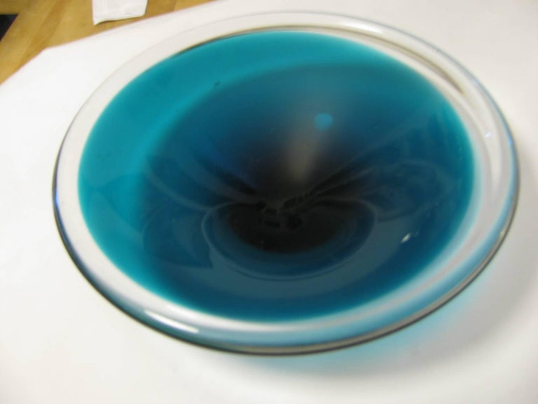 Round bowl with cased glass, clear to sea blue.