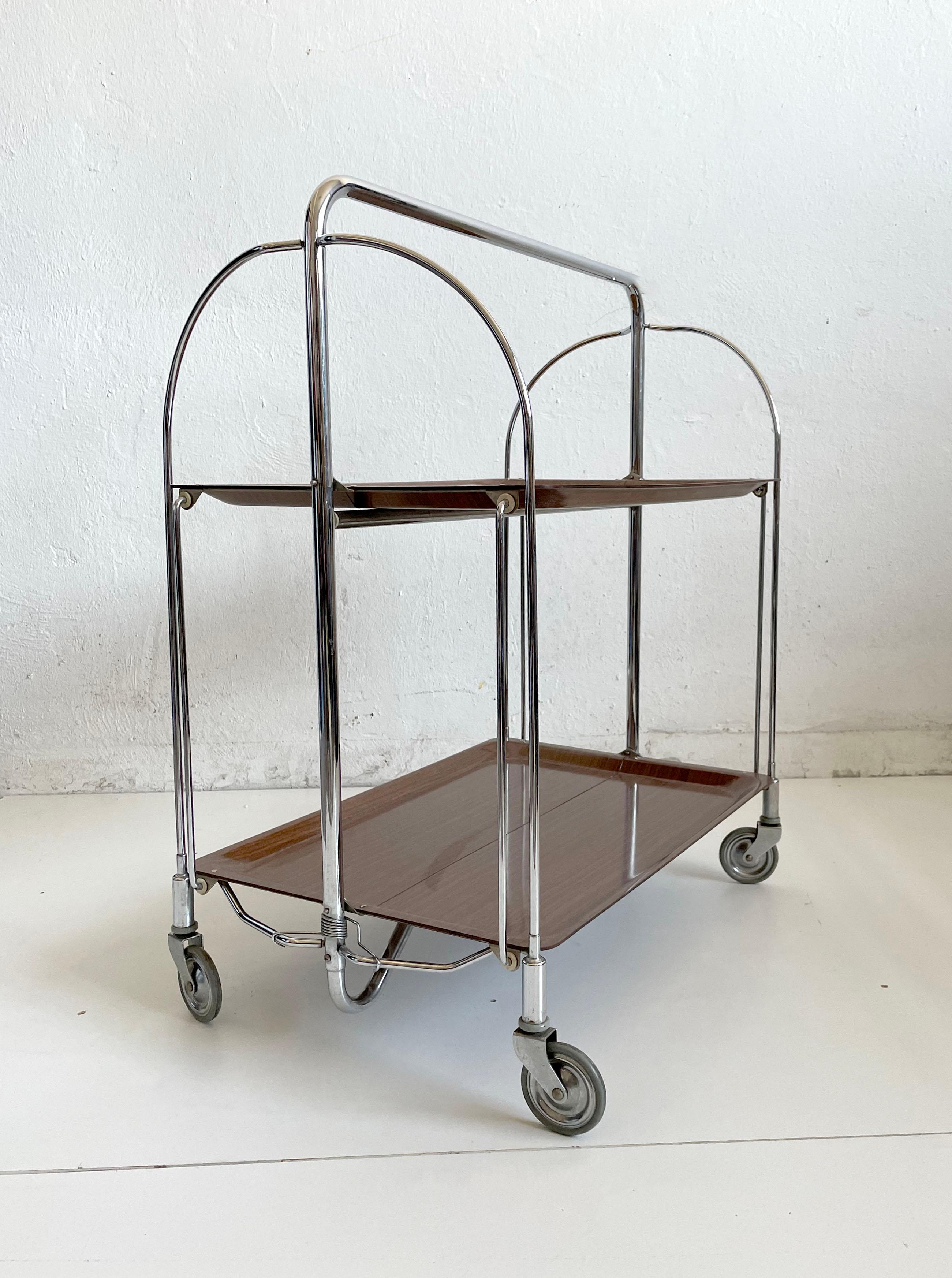 Chrome Mid-Century Modern Foldable Serving Bar Cart / Trolley, Germany 1960s 1970s