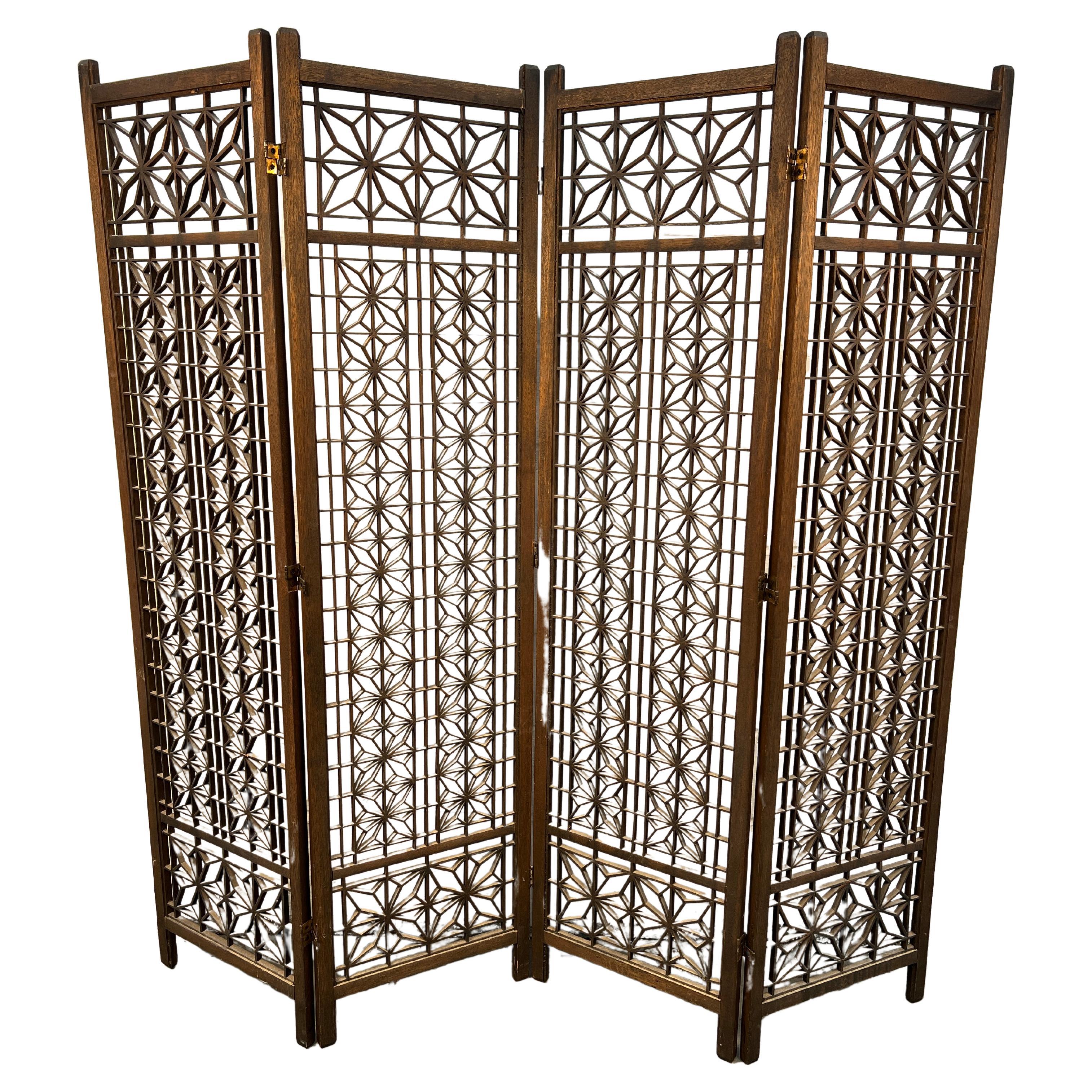 Mid-Century Modern Folding Four-Panel Geometric Room Divider in Teak