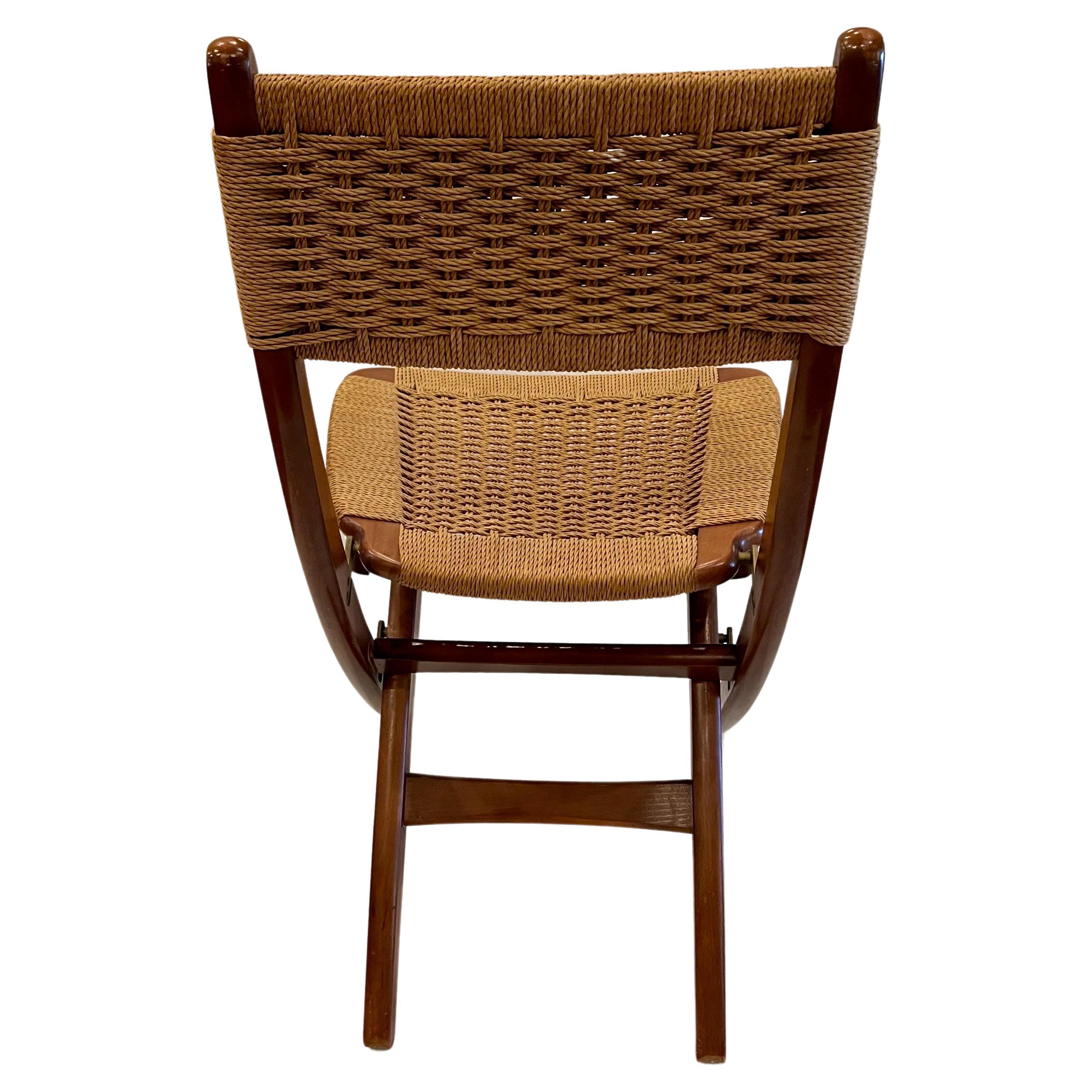 Scandinavian Modern Mid Century Modern Folding Rope & Walnut Folding Side Chair For Sale