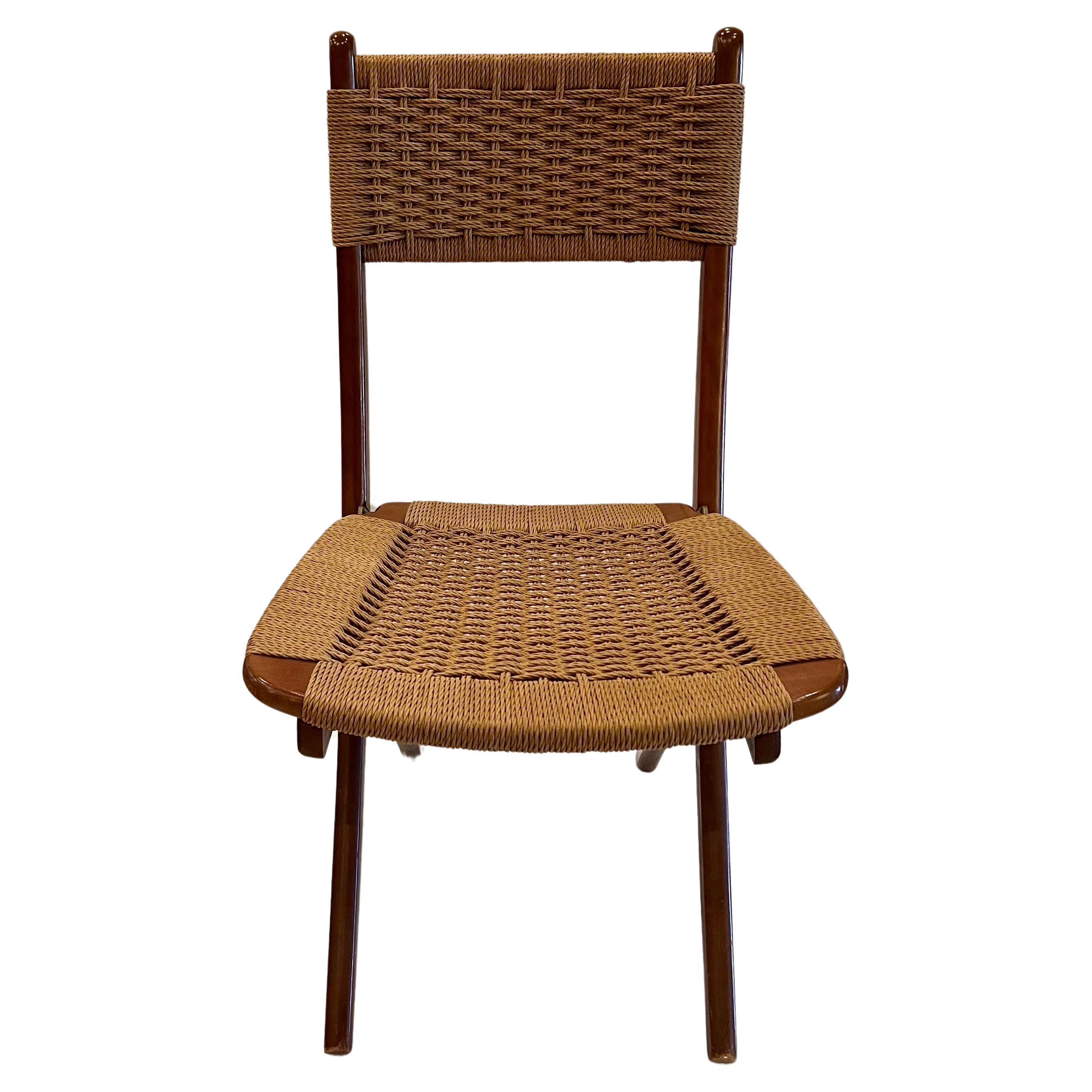 American Mid Century Modern Folding Rope & Walnut Folding Side Chair For Sale