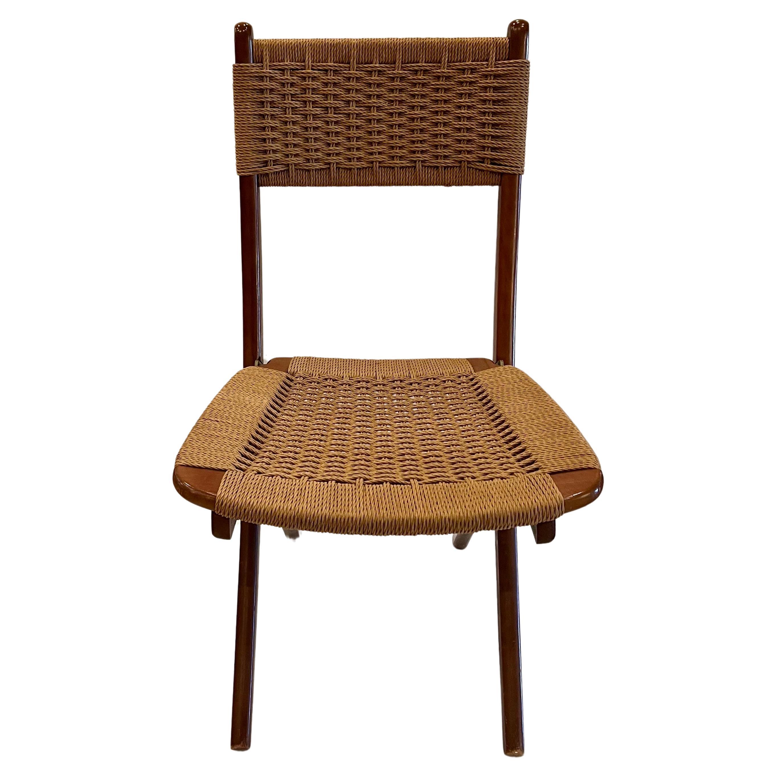 American Mid Century Modern Folding Rope & Walnut Folding Side Chair