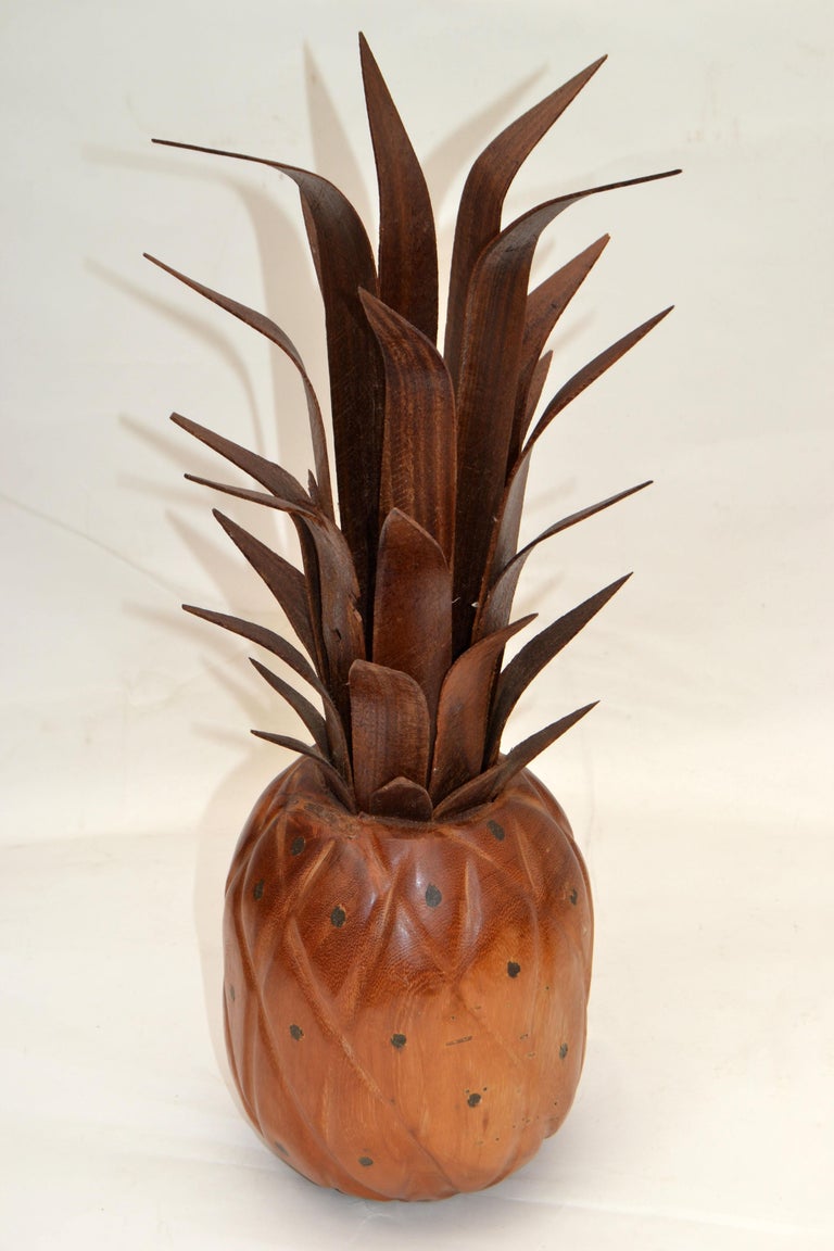 American Mid-Century Modern Folk Art Handcrafted Wood & Natural Fiber Pineapple Sculpture