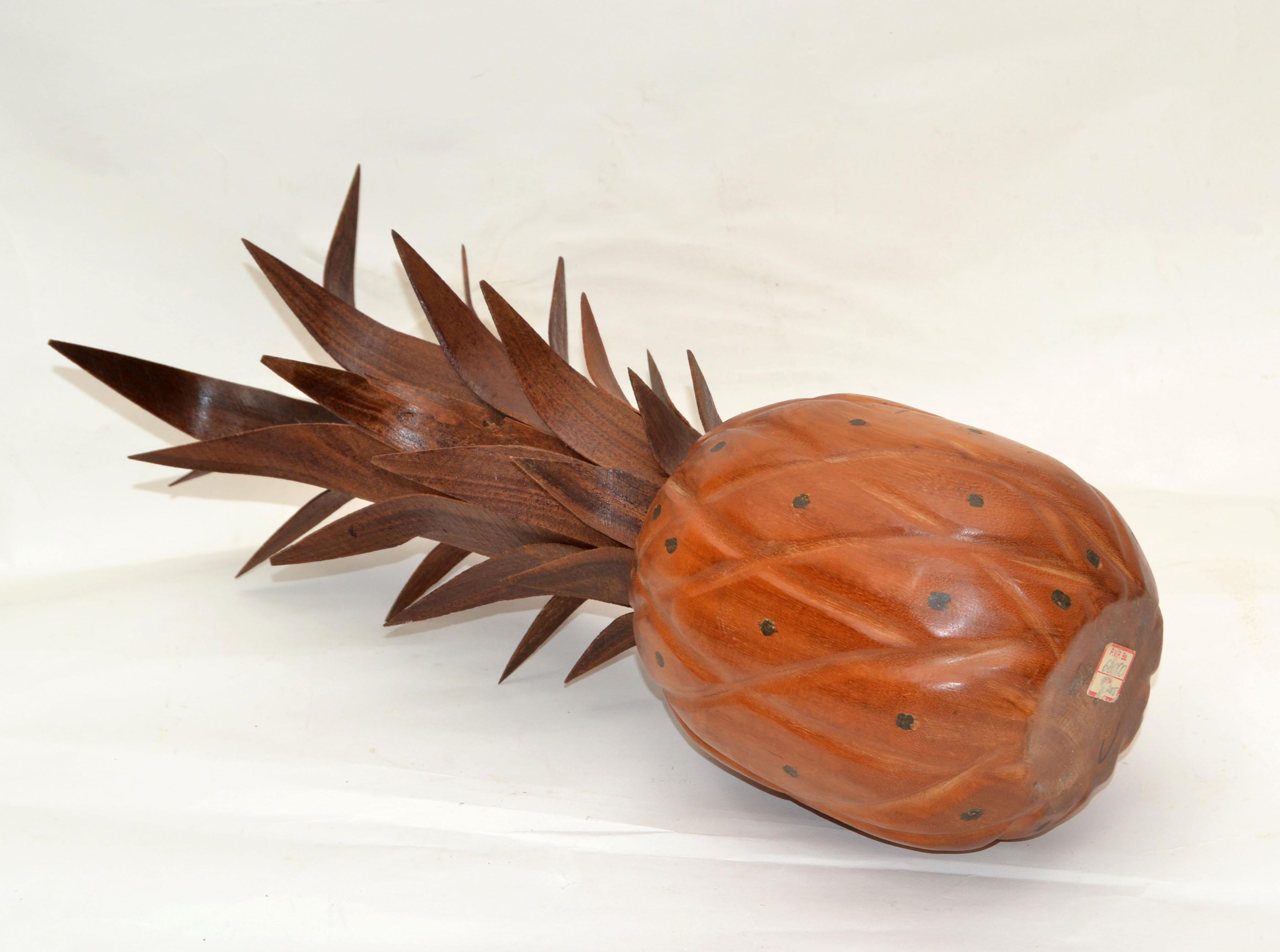 Hand-Carved Mid-Century Modern Folk Art Handcrafted Wood & Natural Fiber Pineapple Sculpture