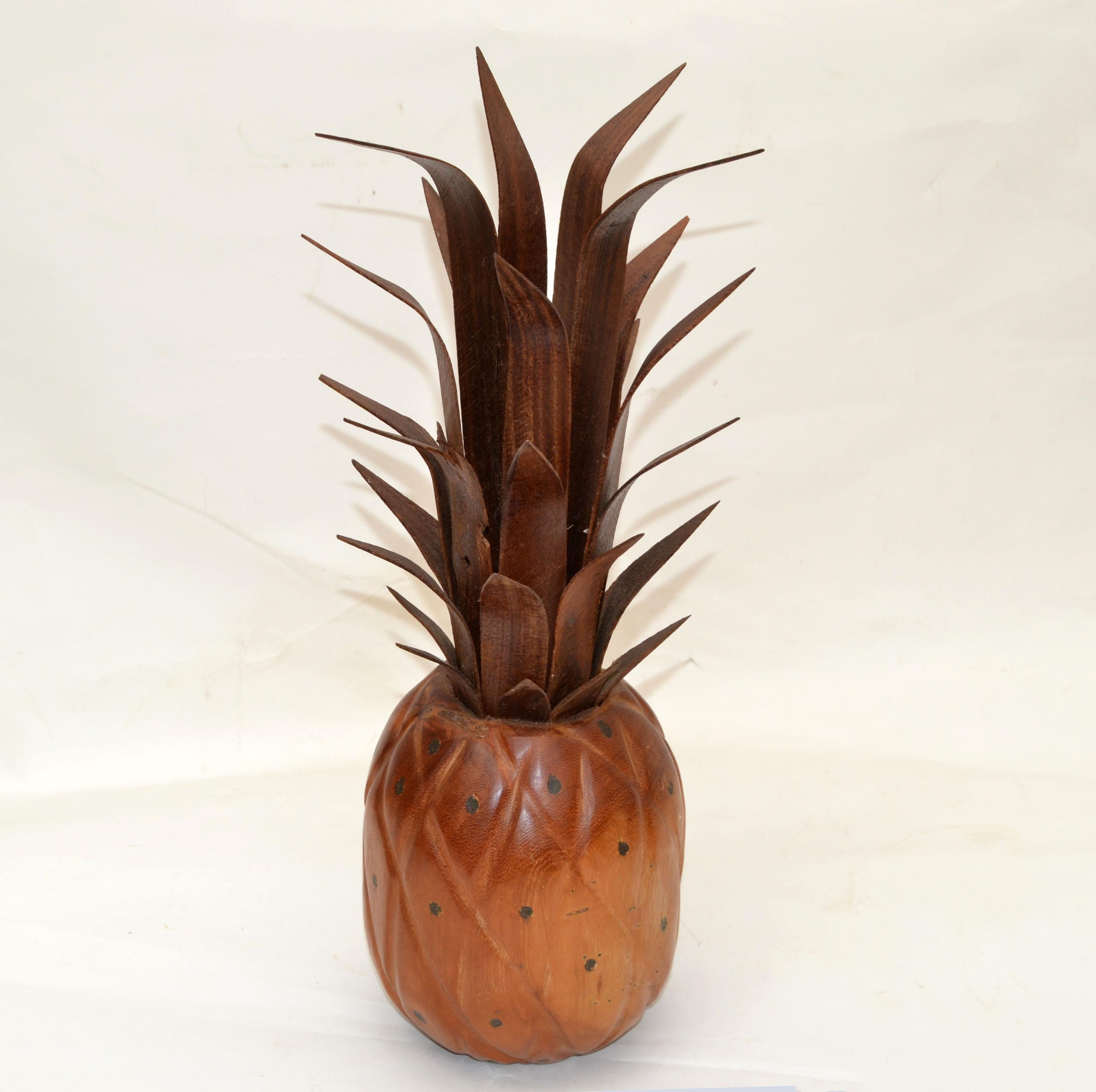 Late 20th Century Mid-Century Modern Folk Art Handcrafted Wood & Natural Fiber Pineapple Sculpture