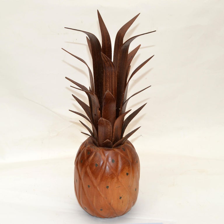 Mid-Century Modern Folk Art Handcrafted Wood & Natural Fiber Pineapple Sculpture 1