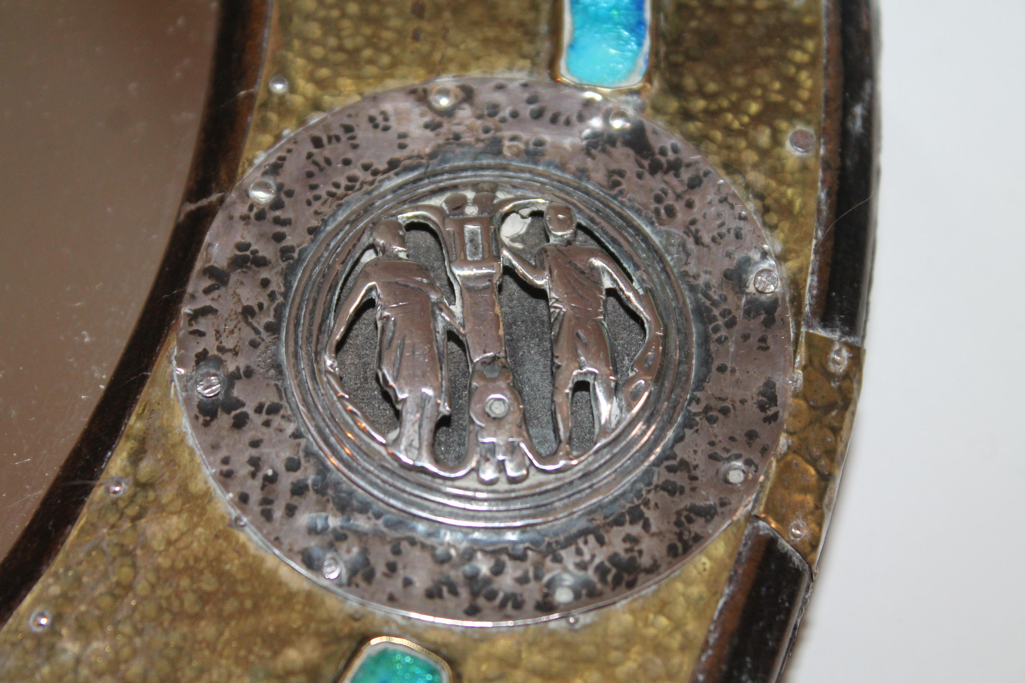 Mid-Century Modern Folk Art Sterling Silver and Brass on Wood Mirror For Sale 2