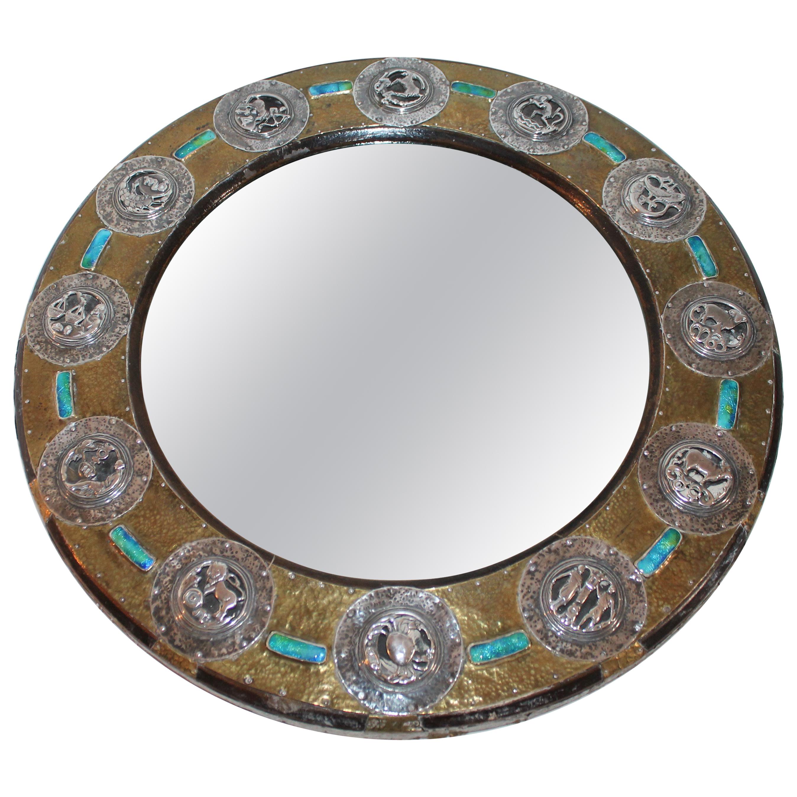 Mid-Century Modern Folk Art Sterling Silver and Brass on Wood Mirror