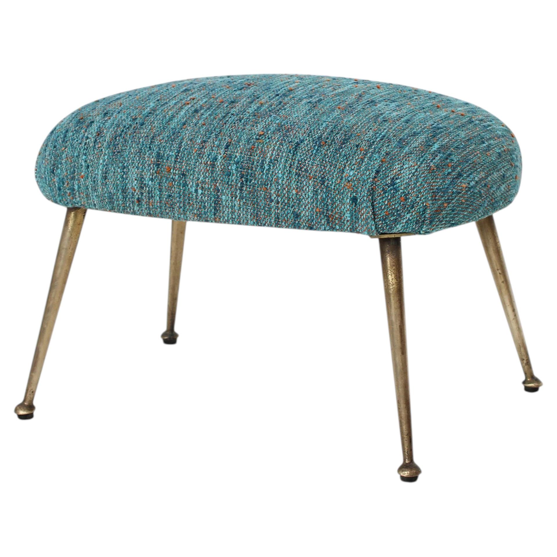 Mid-Century Modern Footstool, Blue Fabric, Metal Legs, Italy, 1950
