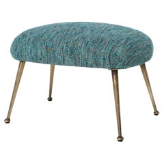 Mid-Century Modern Footstool, Blue Fabric, Metal Legs, Italy, 1950