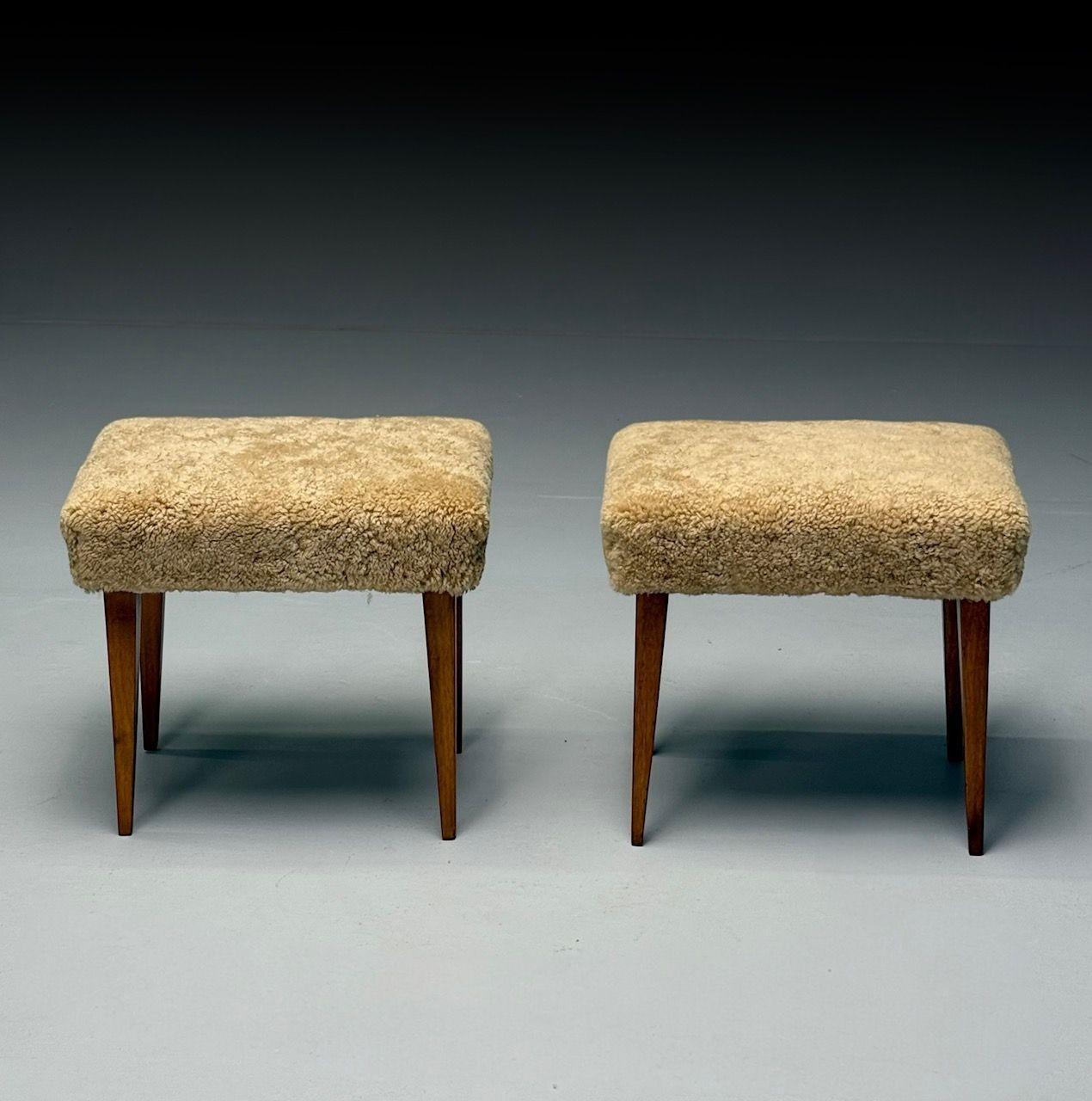 Italian Mid-Century Modern, Footstools, Honey Sheepskin, Stained Wood, Italy, 1950s