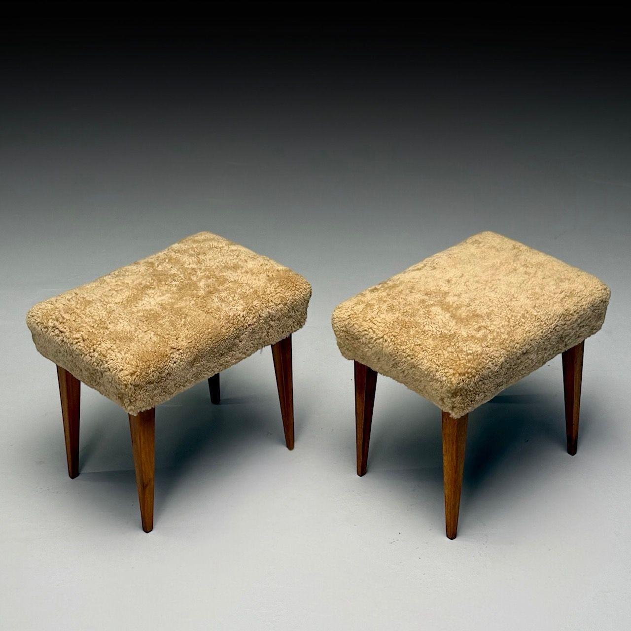 Mid-20th Century Mid-Century Modern, Footstools, Honey Sheepskin, Stained Wood, Italy, 1950s
