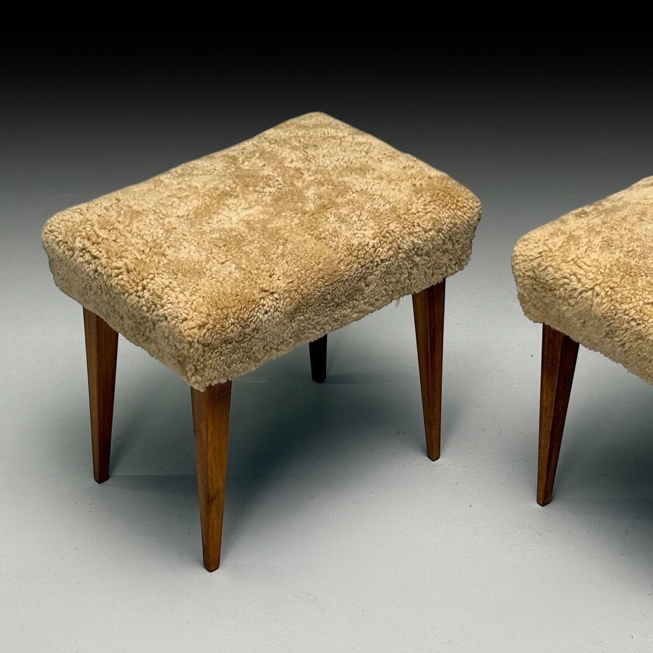 Mid-Century Modern, Footstools, Honey Sheepskin, Stained Wood, Italy, 1950s 1