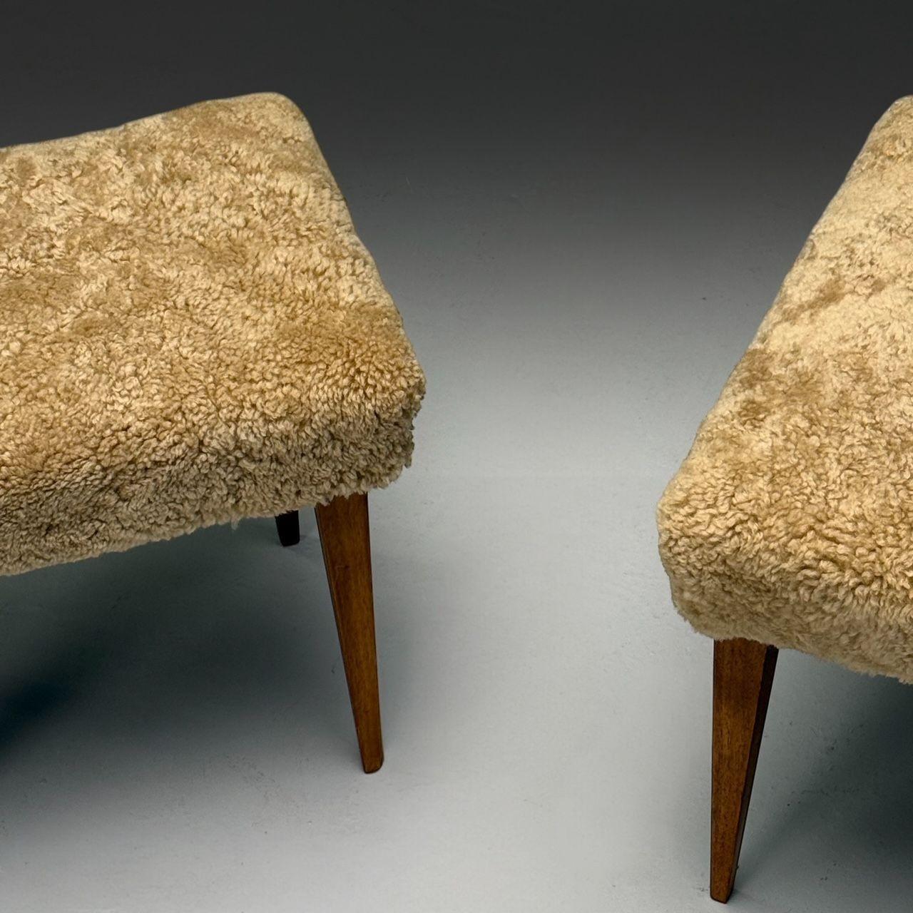 Mid-Century Modern, Footstools, Honey Sheepskin, Stained Wood, Italy, 1950s 2