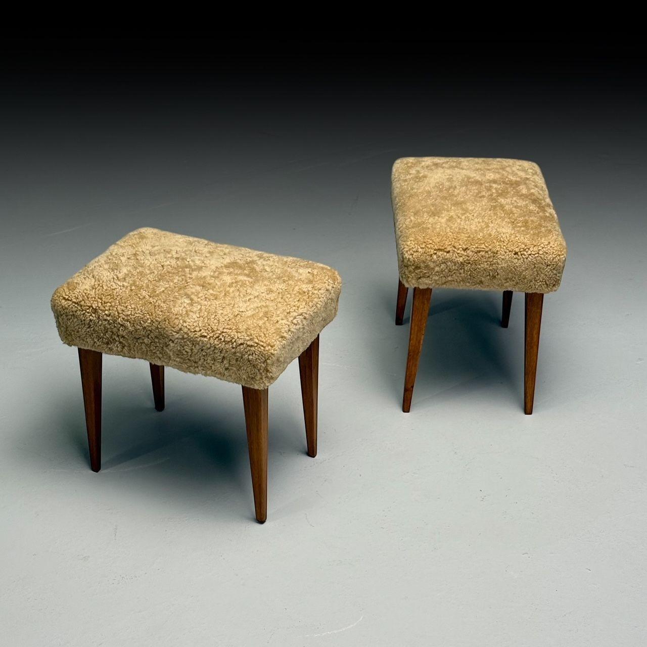 Mid-Century Modern, Footstools, Honey Sheepskin, Stained Wood, Italy, 1950s 3