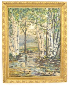 Mid-Century Modern Forest Oil Painting, Hand-Painted, 20th Century