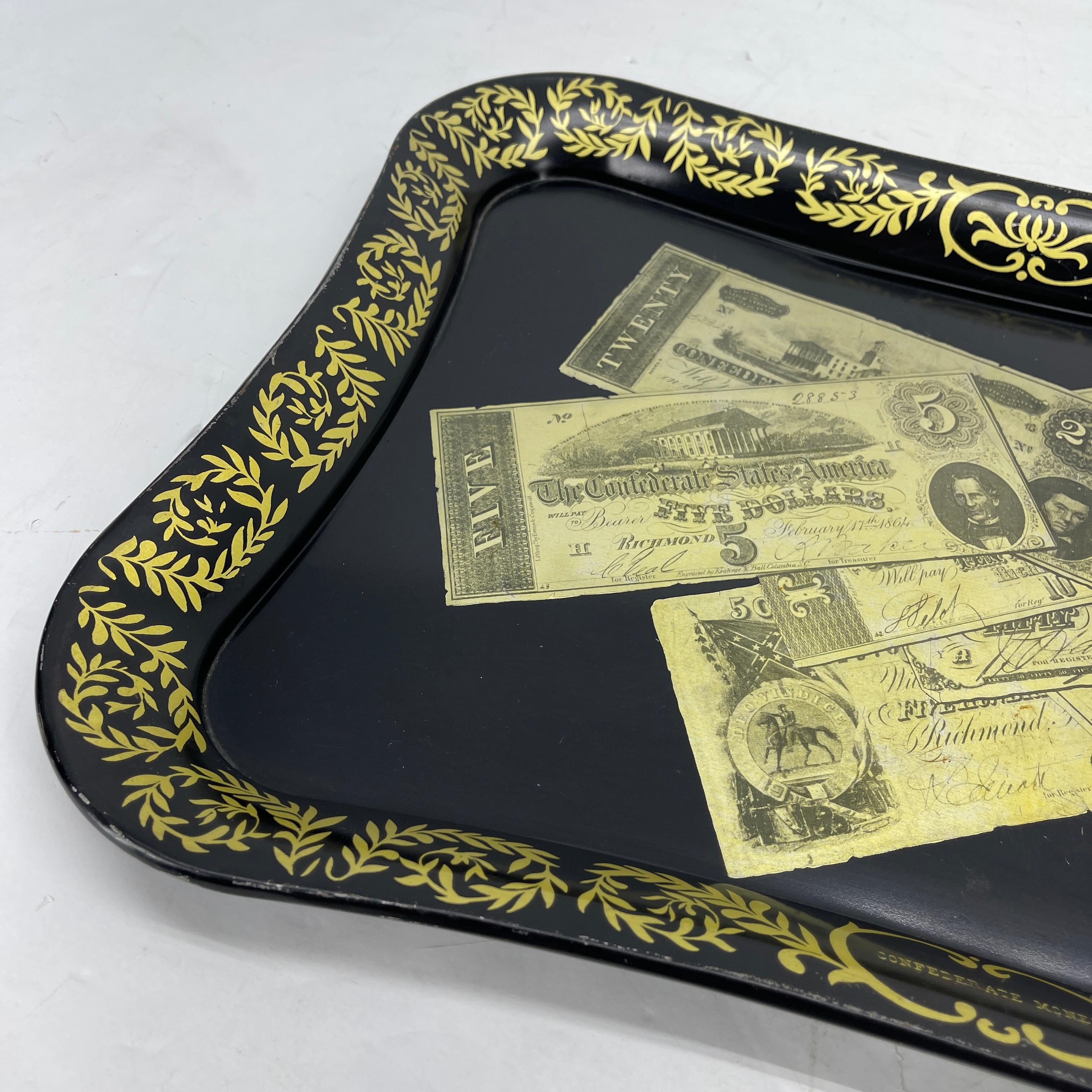 Hand-Painted Mid-Century Modern Fornasetti Style Metal Tray with Confederate Money Notes