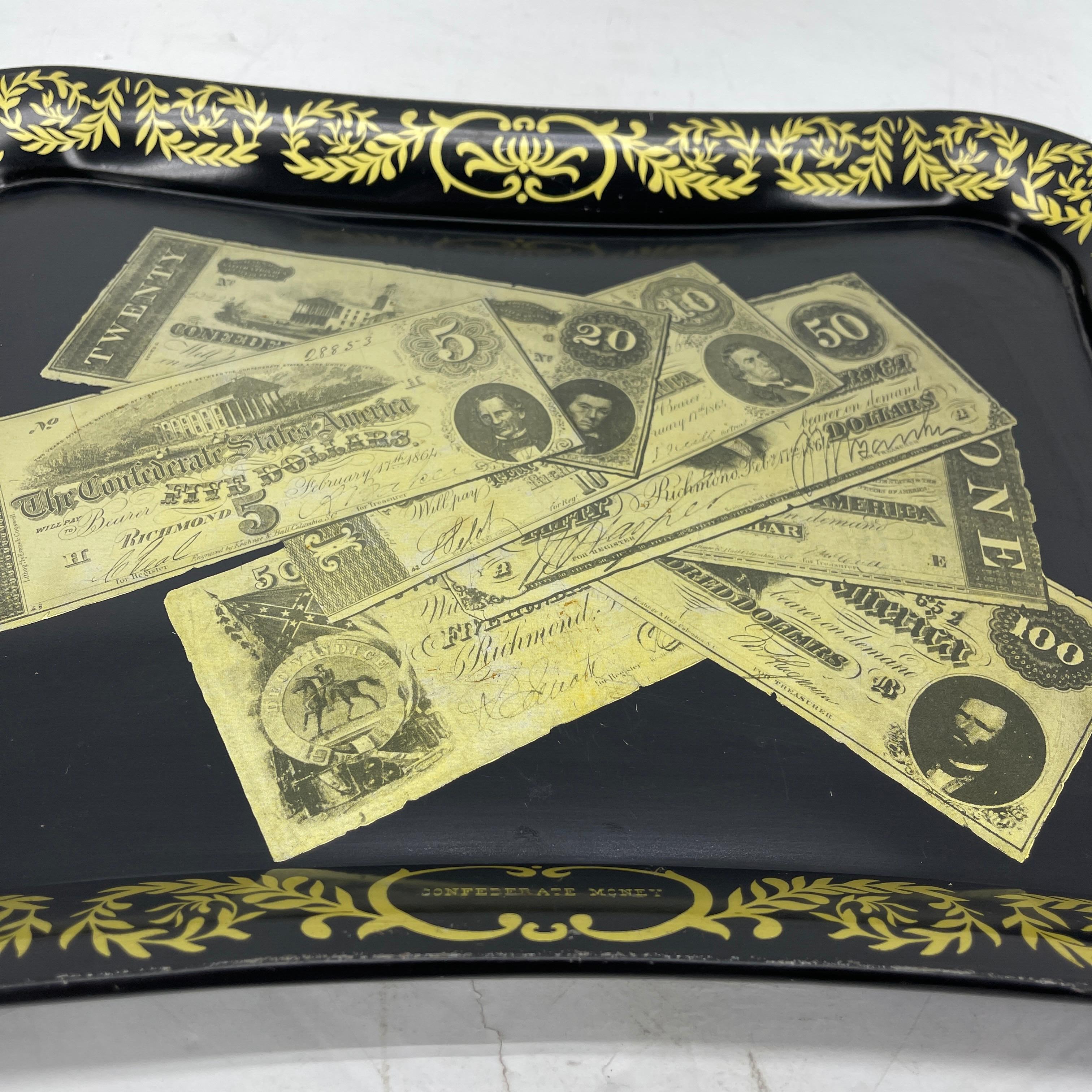 Mid-Century Modern Fornasetti Style Metal Tray with Confederate Money Notes In Good Condition In Haddonfield, NJ