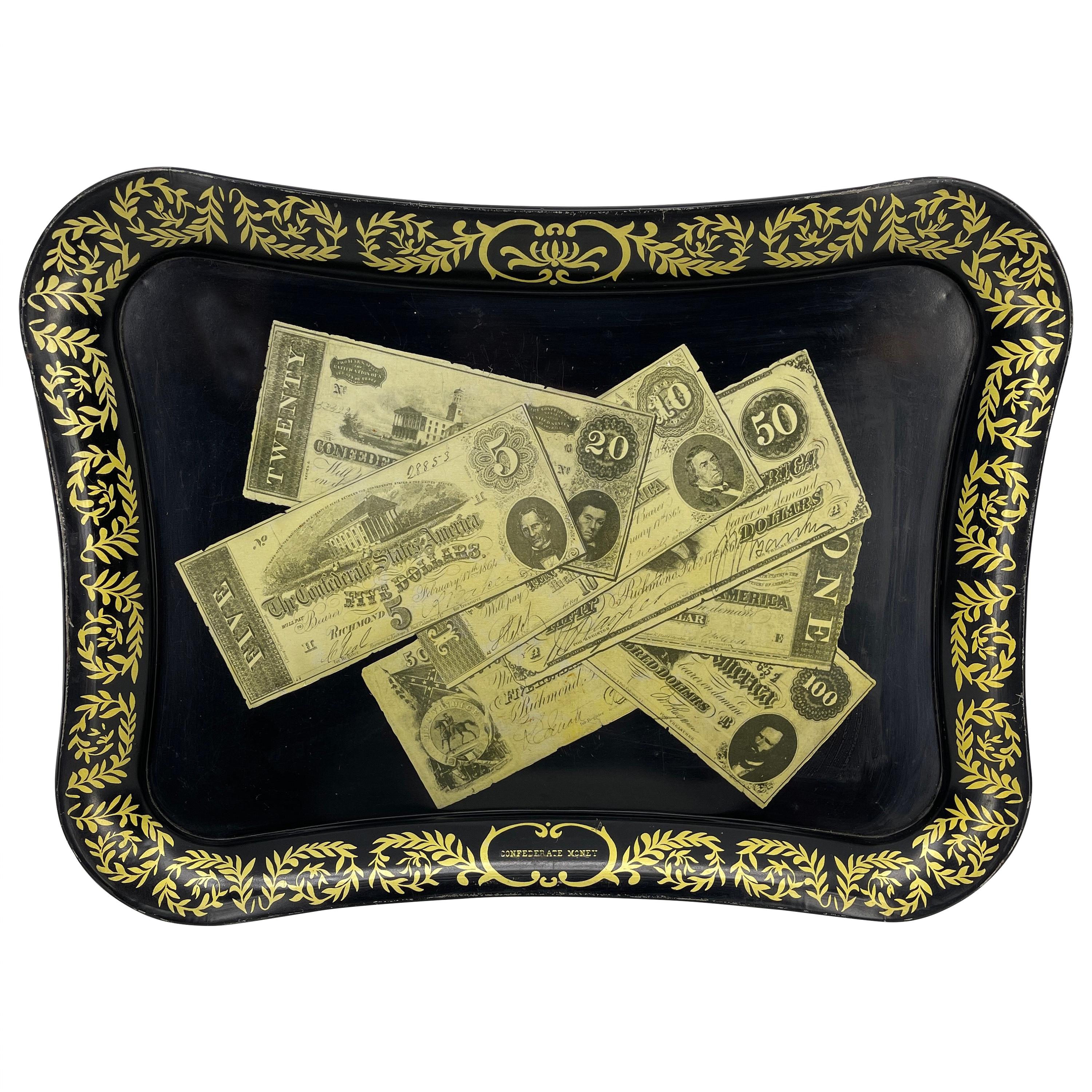 Mid-Century Modern Fornasetti Style Metal Tray with Confederate Money Notes