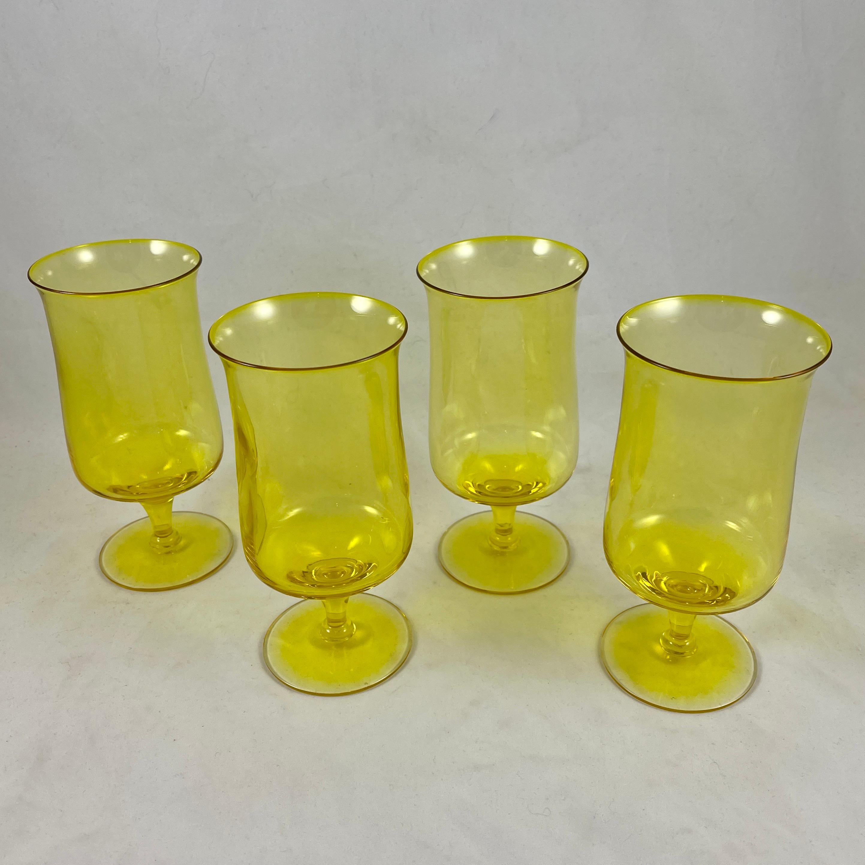 American Mid-Century Modern Fostoria Biscayne Gold Tall Footed Ice Tea Glasses, Set /4