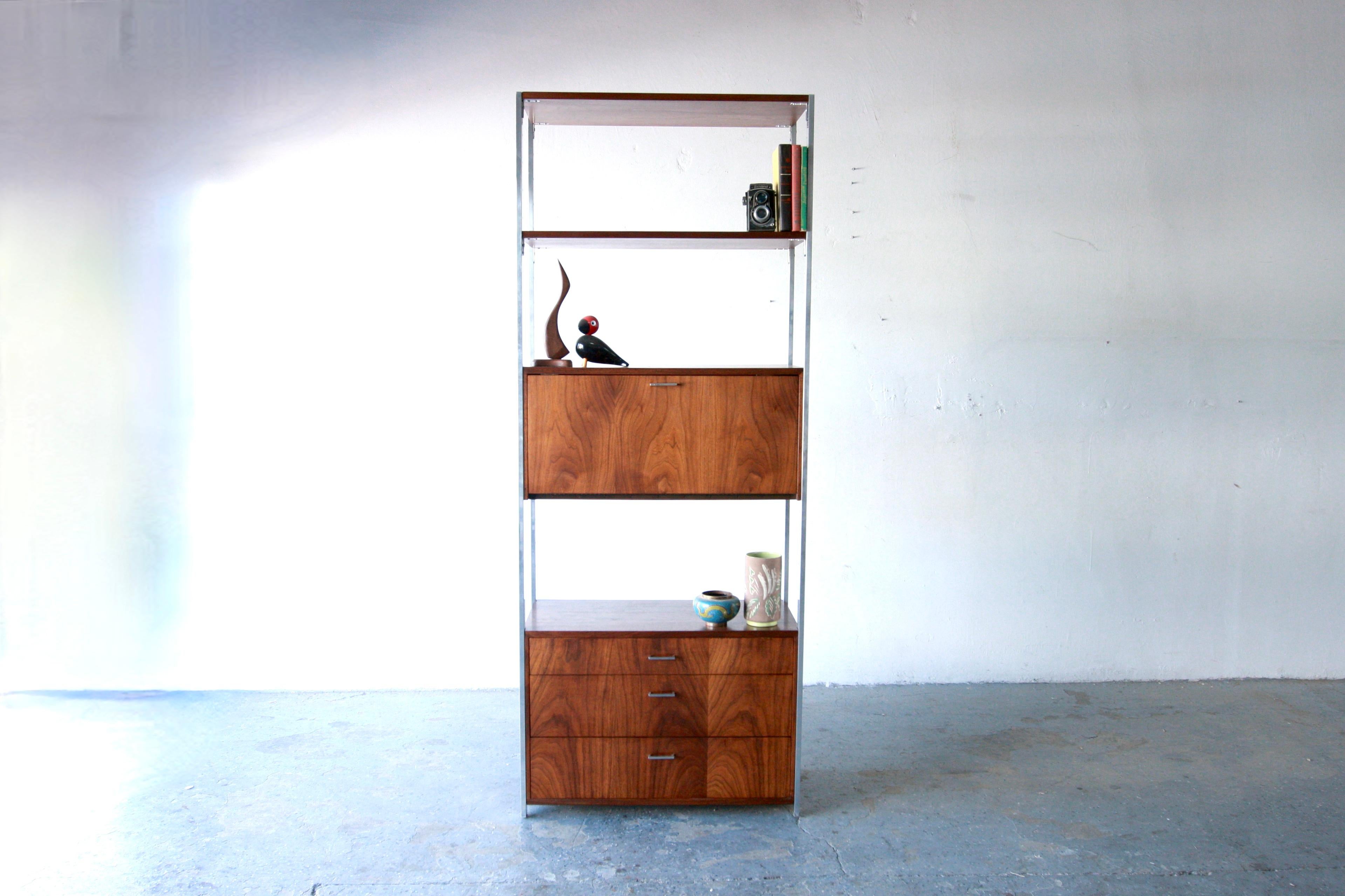 American Mid-Century Modern Founders Chrome & Walnut Etagere Bar Wall Unit Shelving For Sale