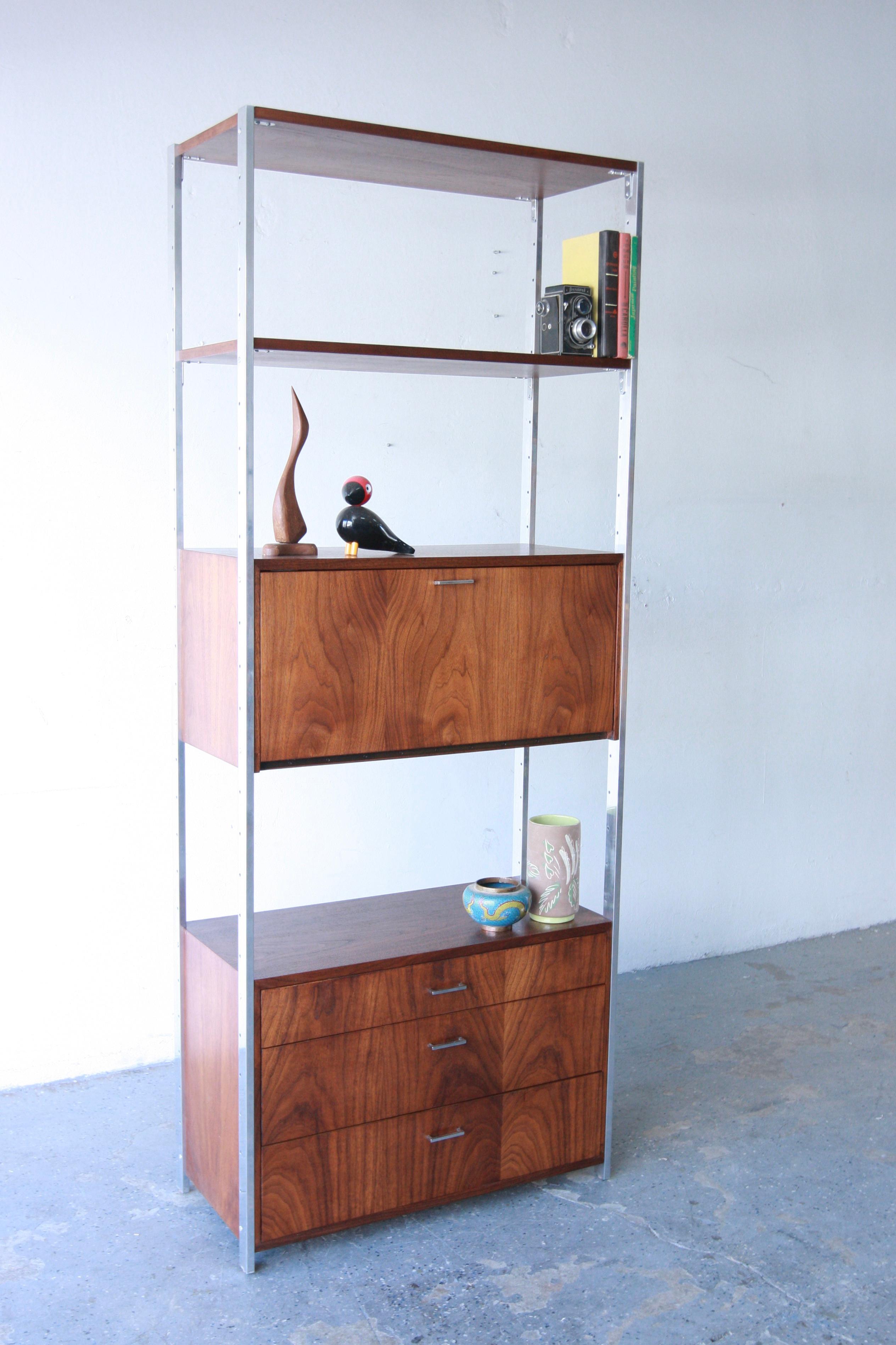 Mid-20th Century Mid-Century Modern Founders Chrome & Walnut Etagere Bar Wall Unit Shelving For Sale