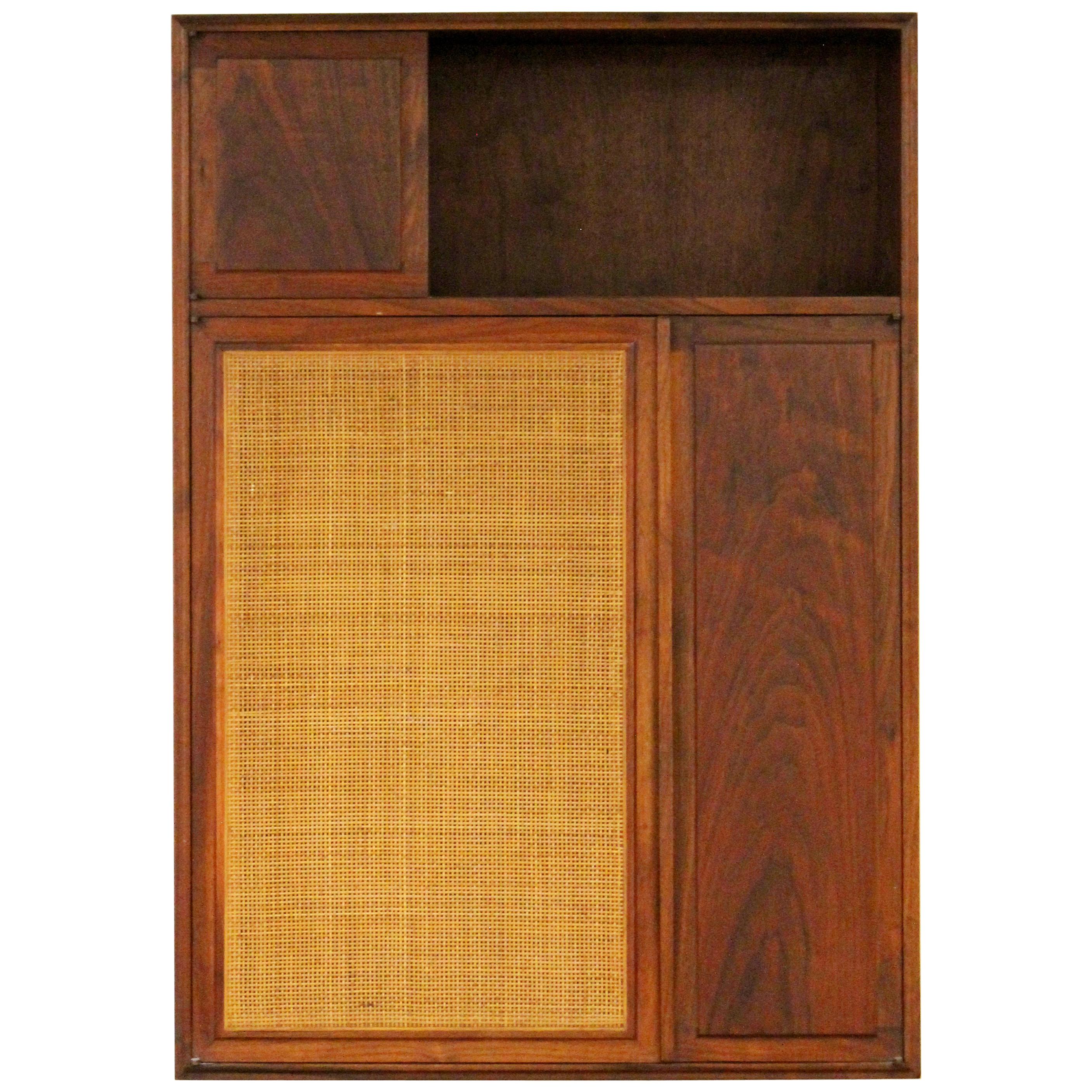 Mid-Century Modern Founders Walnut and Cane Hanging Wall Cabinet Shelving Unit
