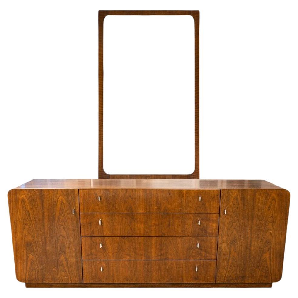 Mid Century Modern Founders Walnut and Chrome Dresser Credenza and Mirror For Sale